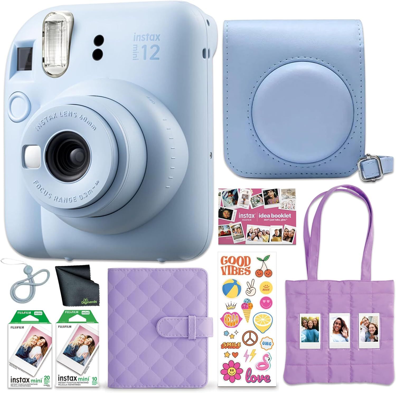 Displays the complete Instax Mini 12 camera bundle with all included accessories to show shoppers exactly what they will receive in their purchase. Showcases…
