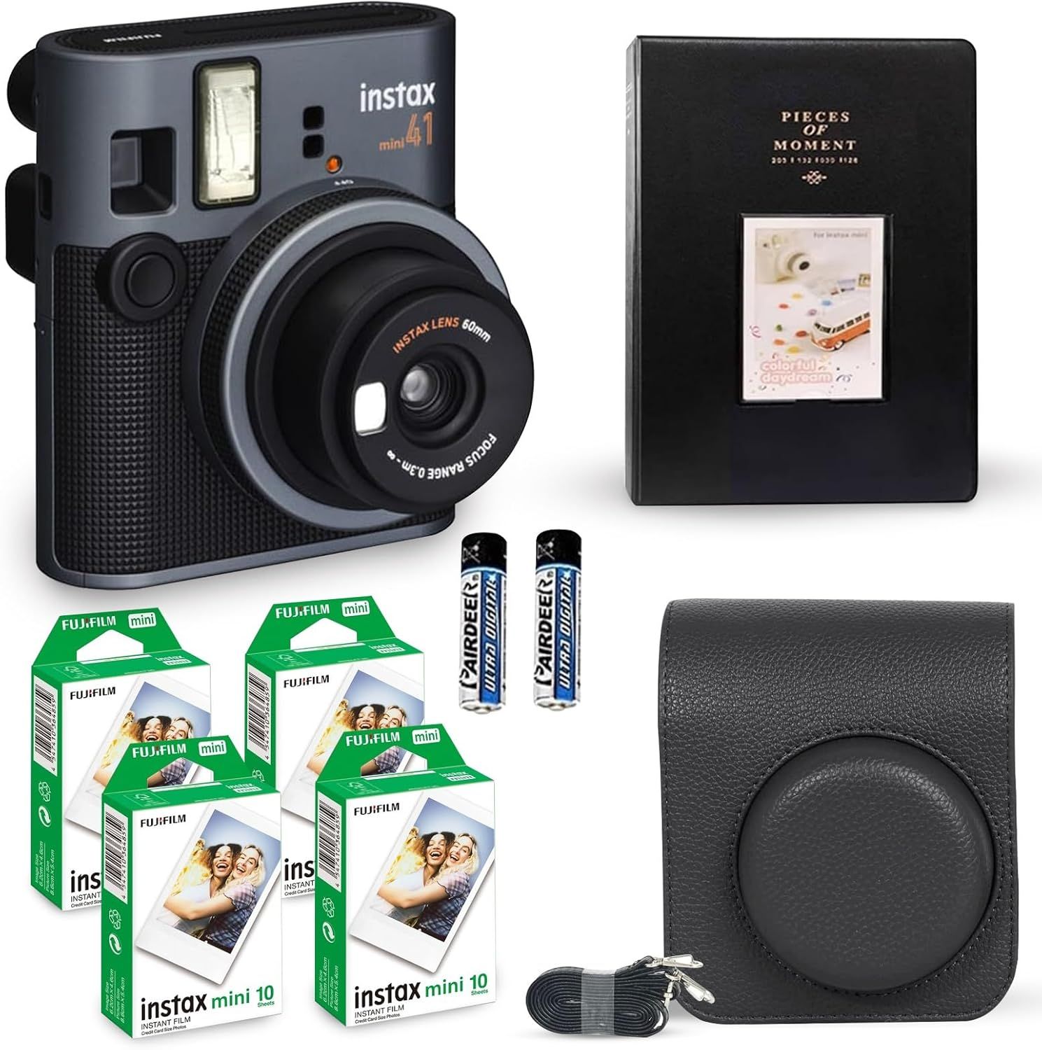Displays the Instax Mini 41 instant camera along with all included accessories and extras to show shoppers everything they receive in the bundle purchase.…
