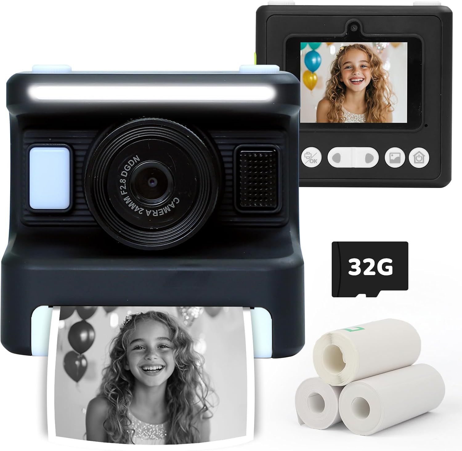 Shows the core sellable instant camera product with its key components including the camera unit, display screen, and included accessories to help shoppers…