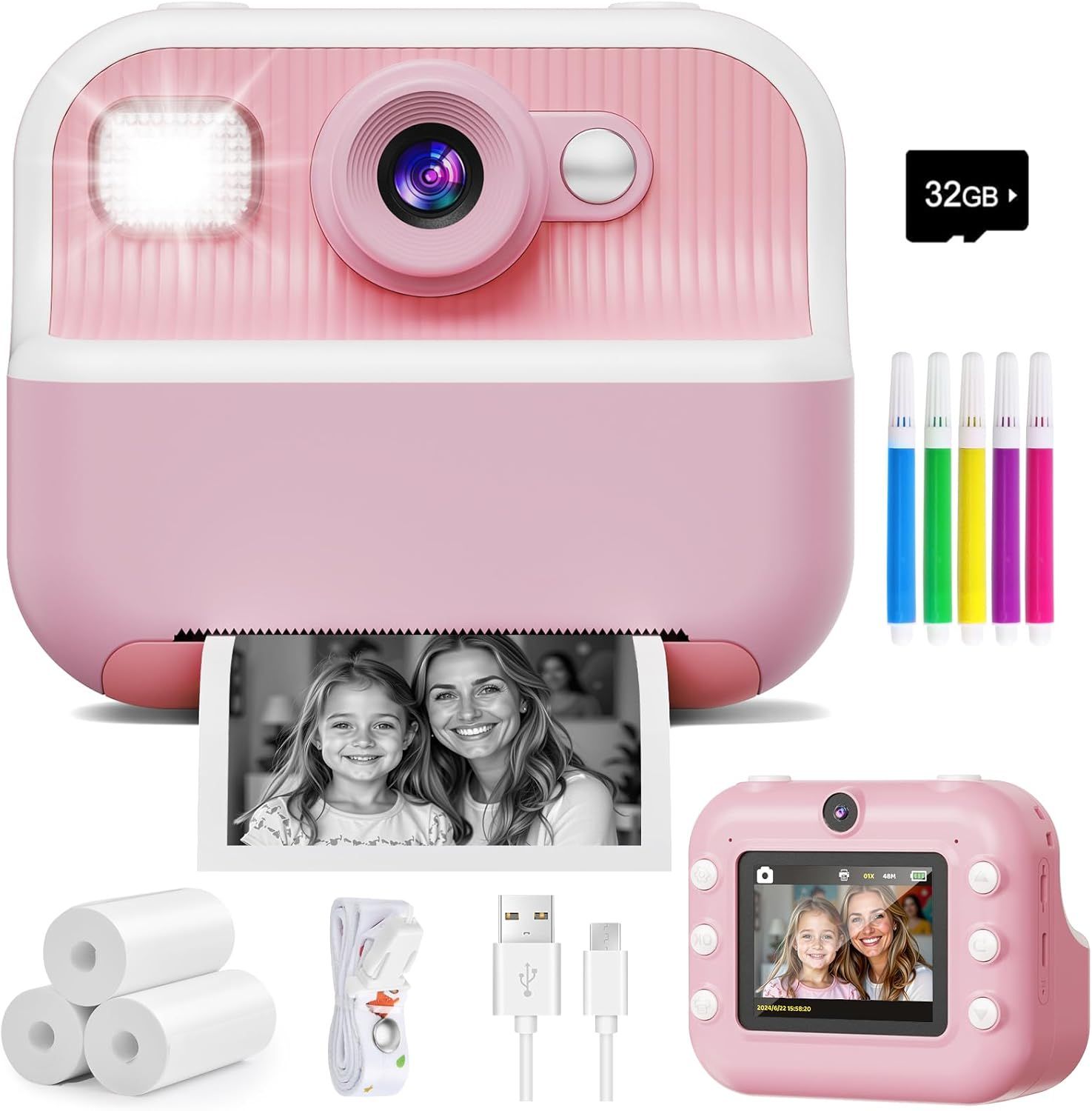 Shows the core product, a pink instant print camera for kids, along with all included accessories to communicate the complete package the buyer will receive.…