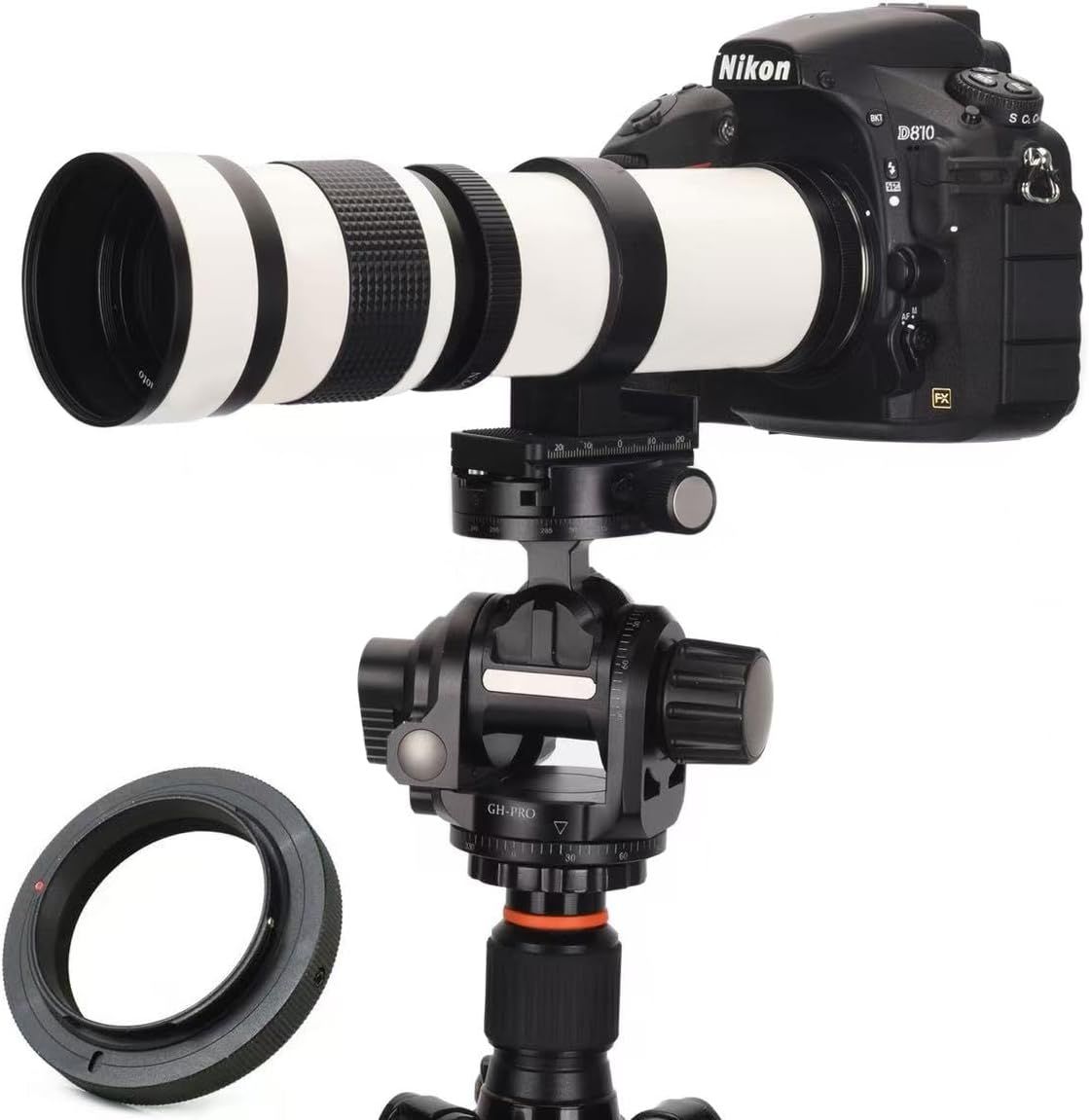 Displays the core product setup showing a Nikon D810 camera with a white telephoto lens mounted on a professional tripod head, communicating the complete photography system to potential buyers.…