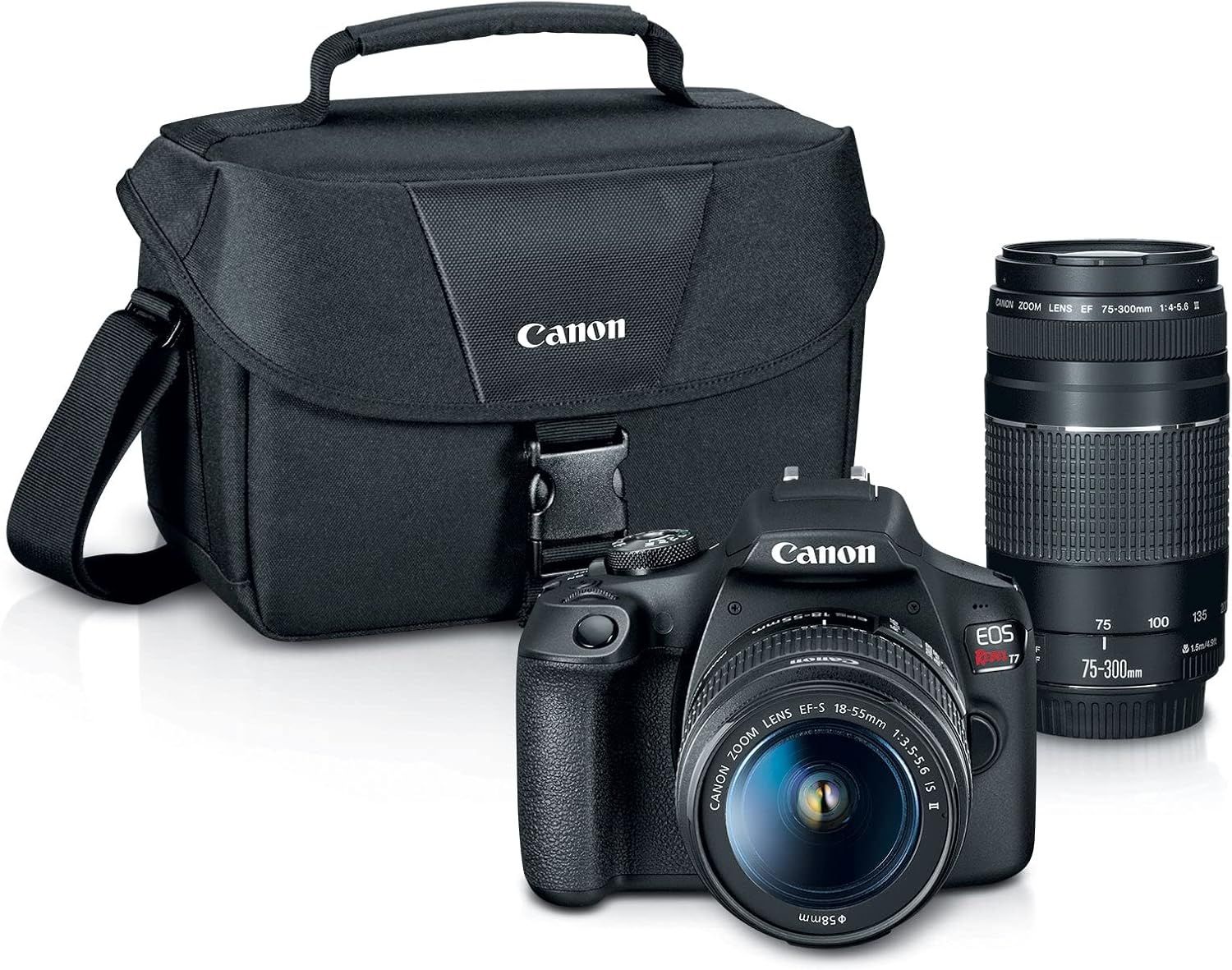 Displays the complete camera kit including the Canon EOS camera body with two lenses and carrying case to show shoppers everything included in the bundle. Shows the included accessories - an extra…