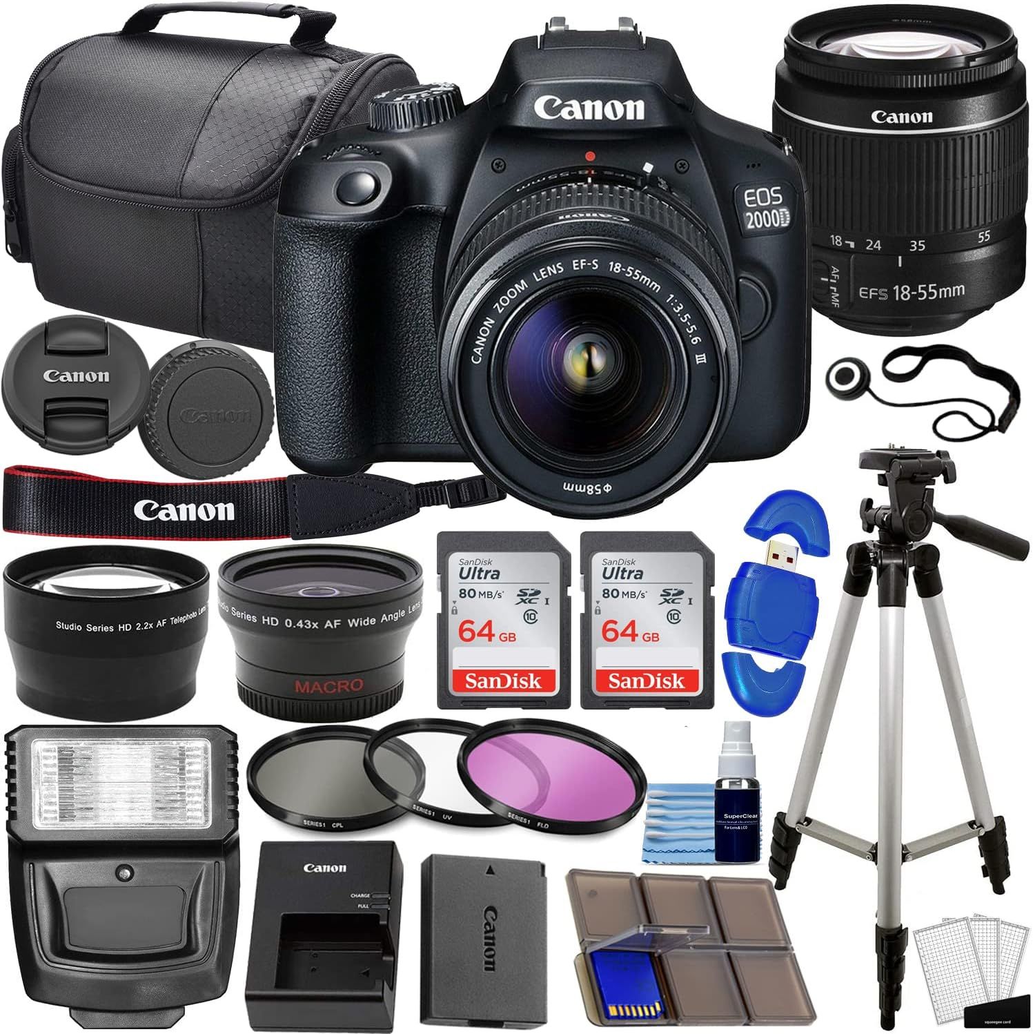 Canon EOS 2000D / Rebel T7 DSLR Camera w/EF-S 18-55mm f/3.5-5.6 Lens 3 Lens…
