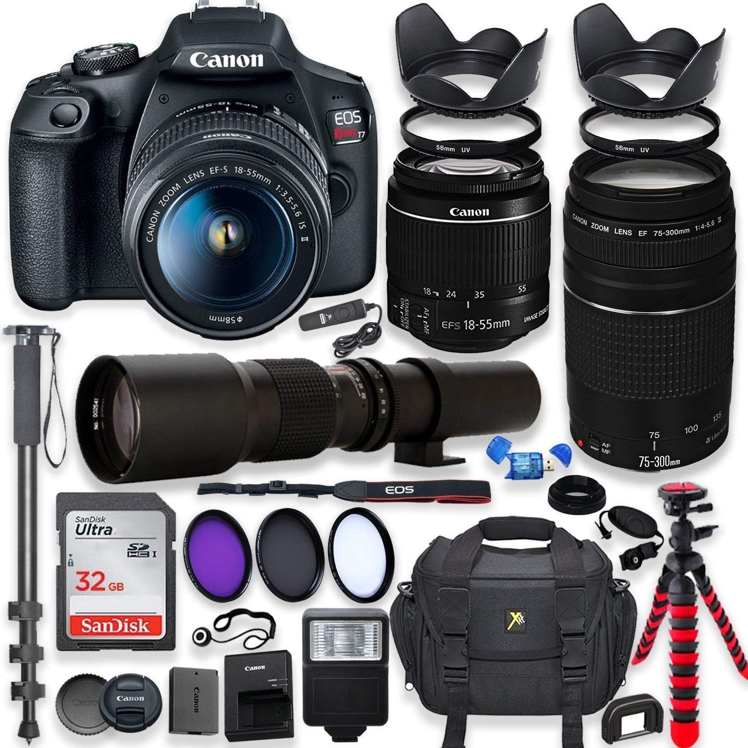 Displays the Canon EOS camera body and all included components to show shoppers the complete photography kit they will receive. Shows the extensive array of included accessories and bonus items that…