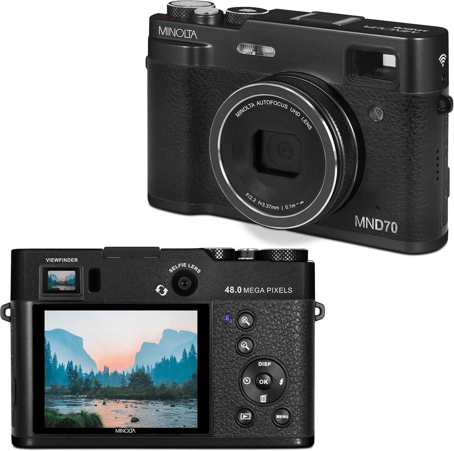 Shows the complete camera product from both front and back angles to give shoppers a comprehensive view of the design, controls, screen, and key features like…