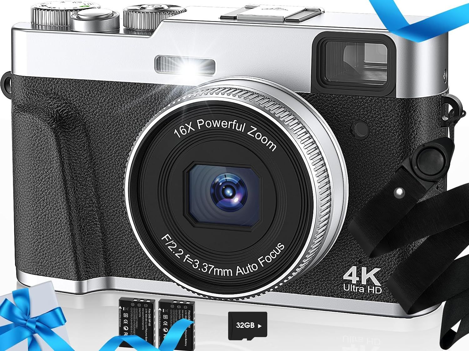 Displays the digital camera as the core product with key technical specifications visible on the lens and body to communicate its advanced photography capabilities. Shows the included accessories…