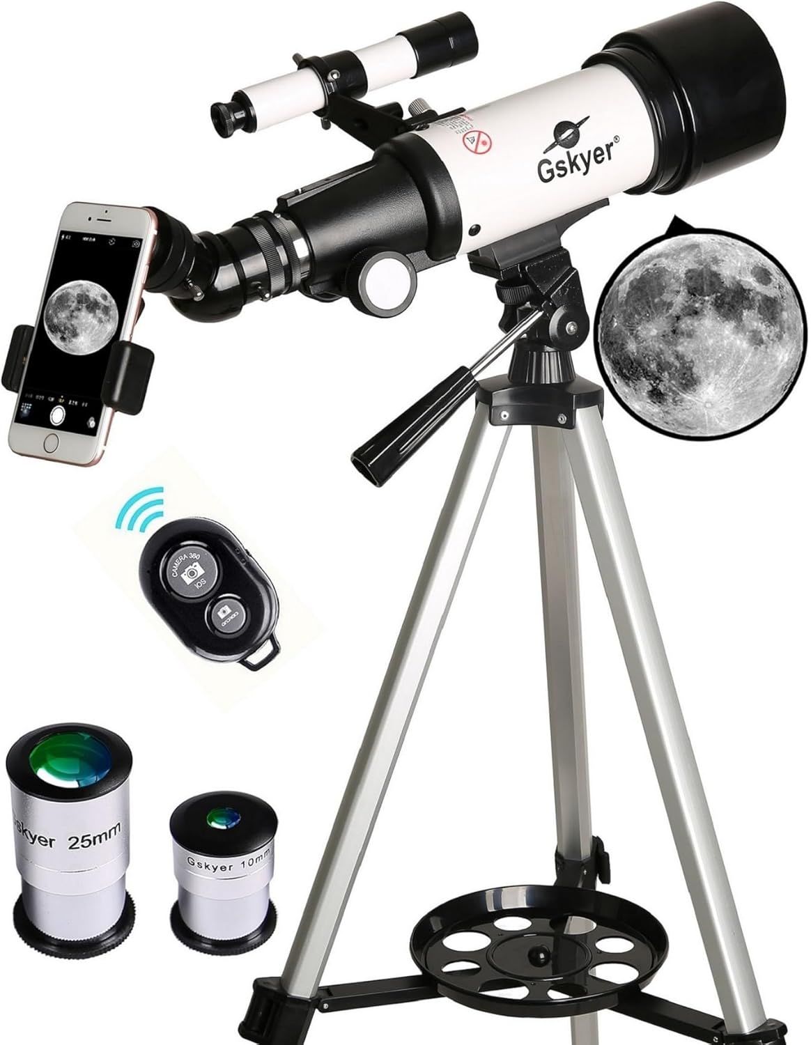 Shows the complete telescope package including the main telescope unit, tripod mount, and all included accessories to communicate the full value of the…