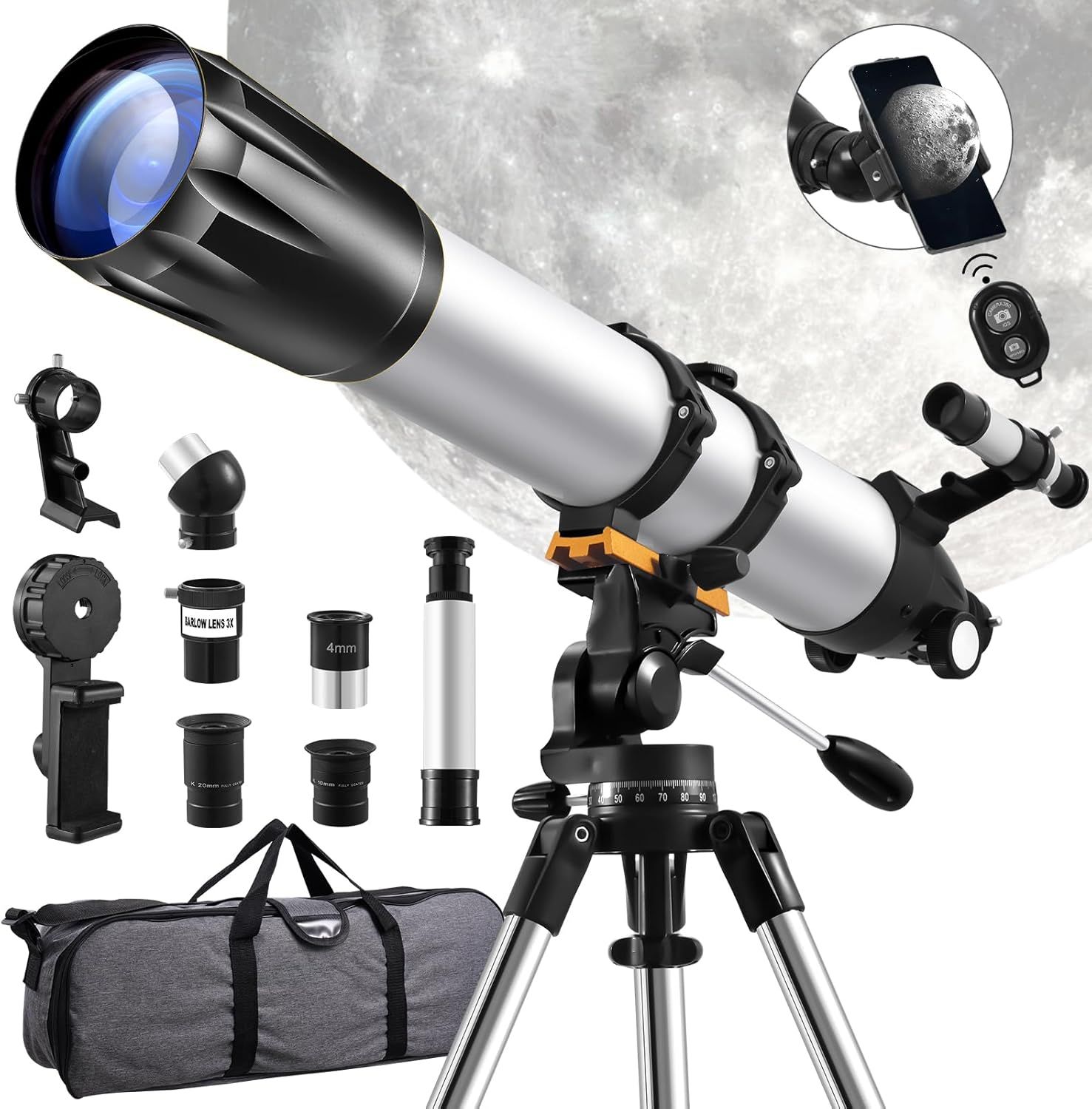 Displays the core telescope product along with all included accessories and components to show the shopper exactly what they will receive in the complete kit.…