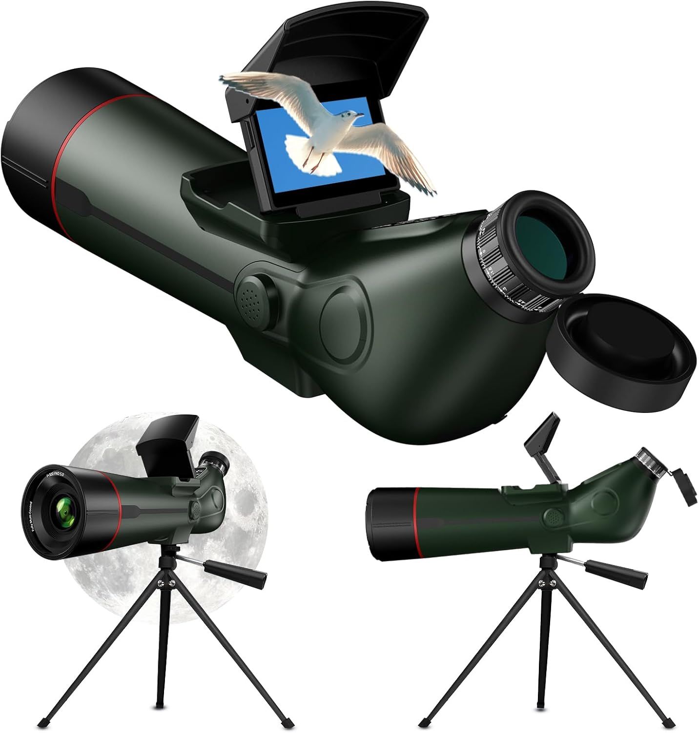 Shows the core spotting scope product with its included tripod mount and accessories to communicate what the buyer receives. Demonstrates how the scope works with a smartphone adapter for…