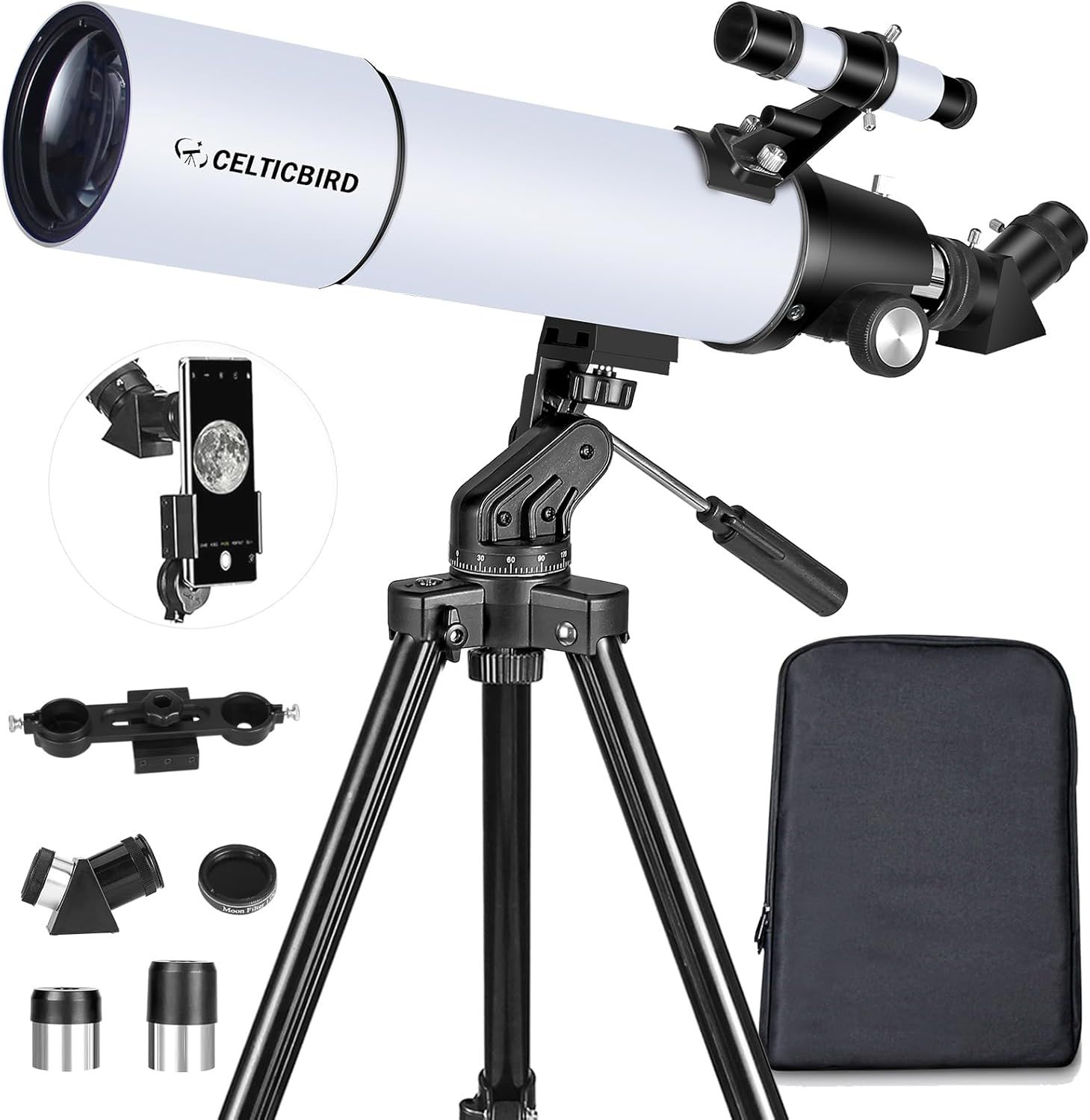 Displays the core telescope product along with its tripod mount to show shoppers the main item they are purchasing and how it is set up for use. Shows all the…