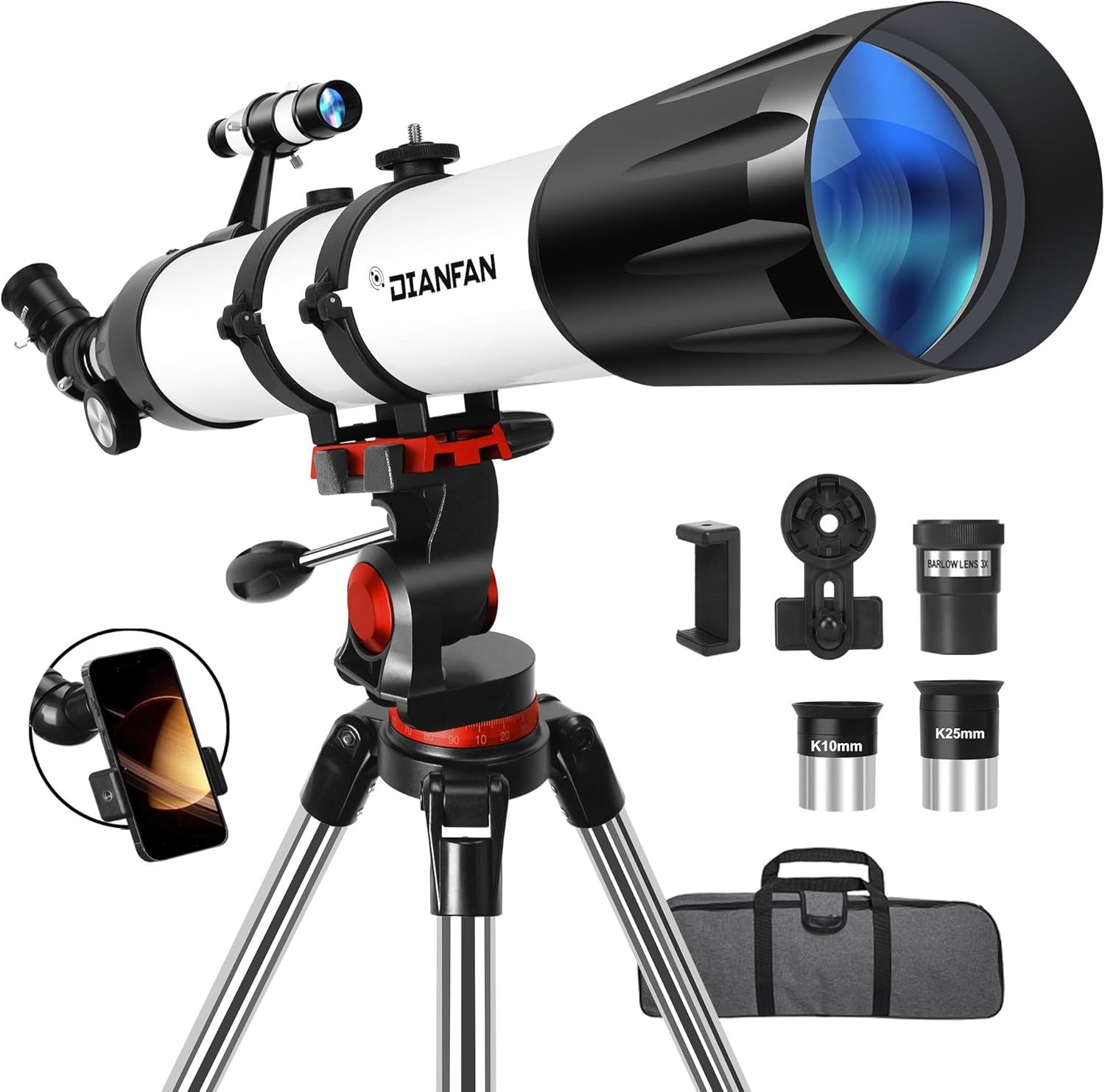 Displays the core telescope product mounted on its tripod to show shoppers exactly what they are purchasing. Shows all the included accessories such as phone…