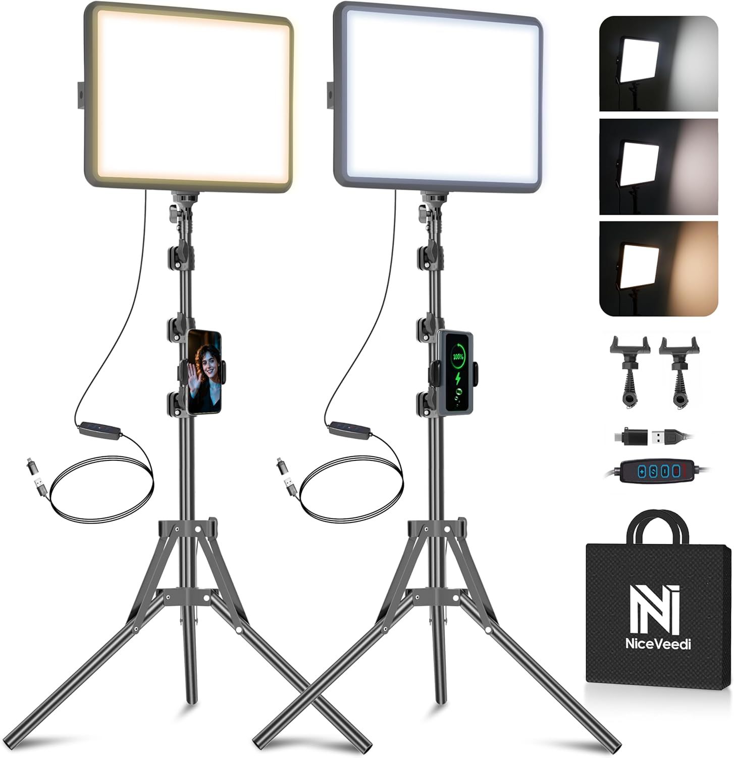 Shows the complete lighting kit with two LED panels on tripods, phone mounts, and accessories to communicate the full package the buyer will receive. Displays…