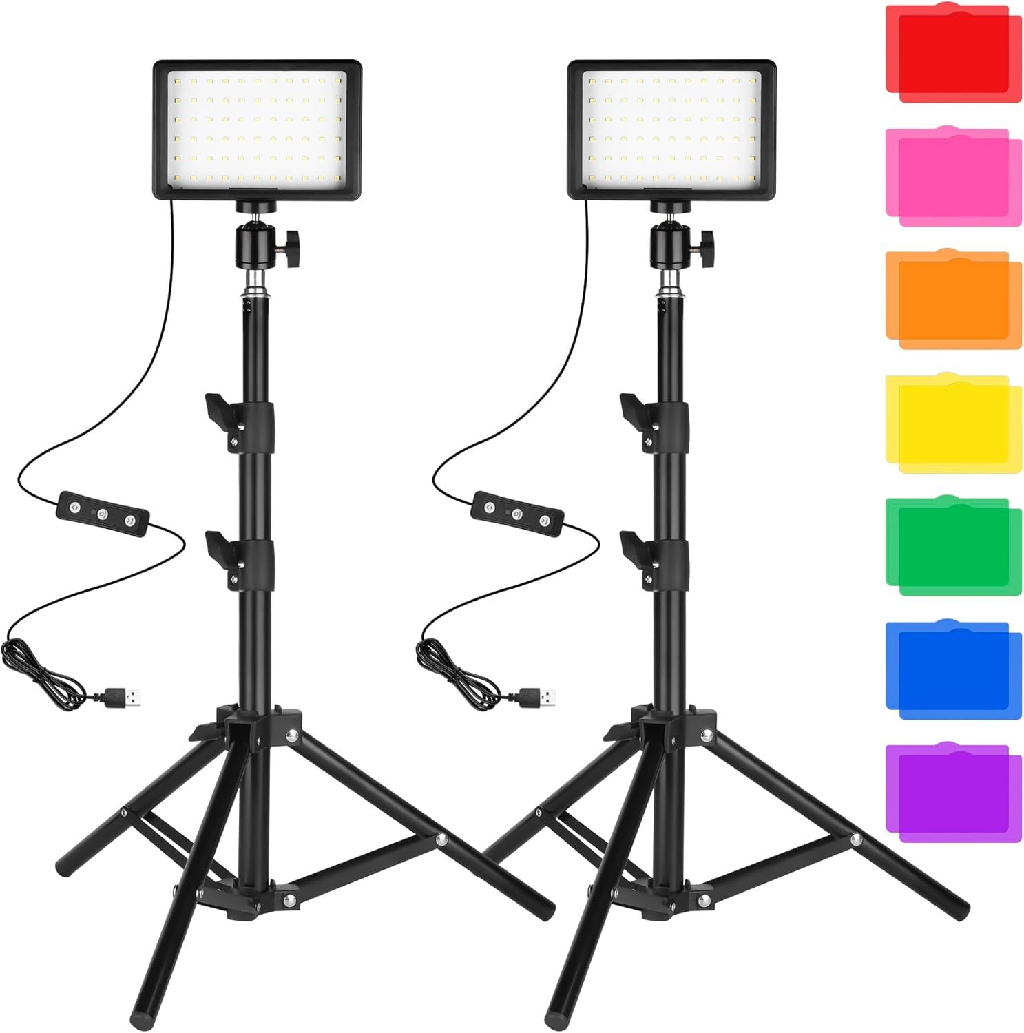 Shows the complete lighting kit including two LED panel lights on adjustable tripod stands with control units and colorful filter accessories, communicating…