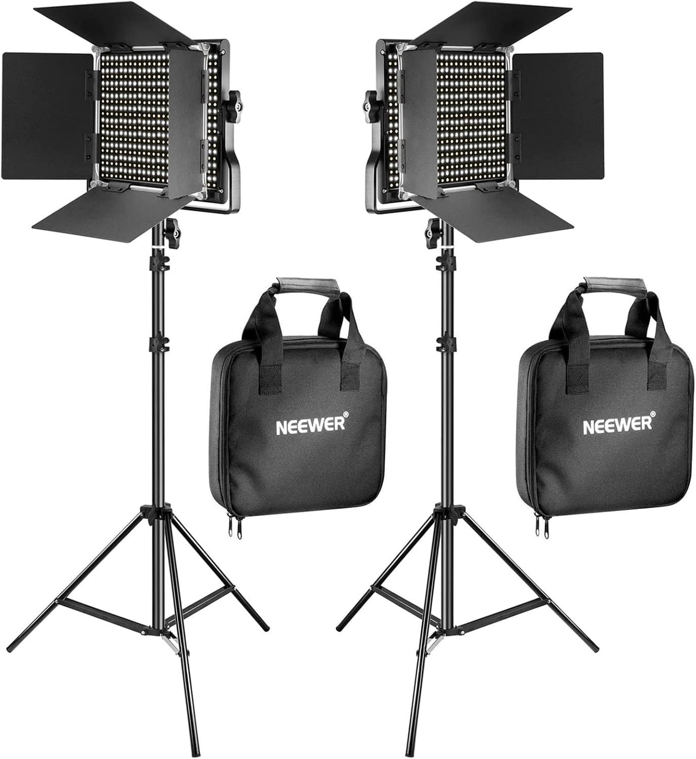 Shows the complete professional lighting kit including two LED panel lights with barn doors, adjustable tripod stands, and branded carrying cases to…