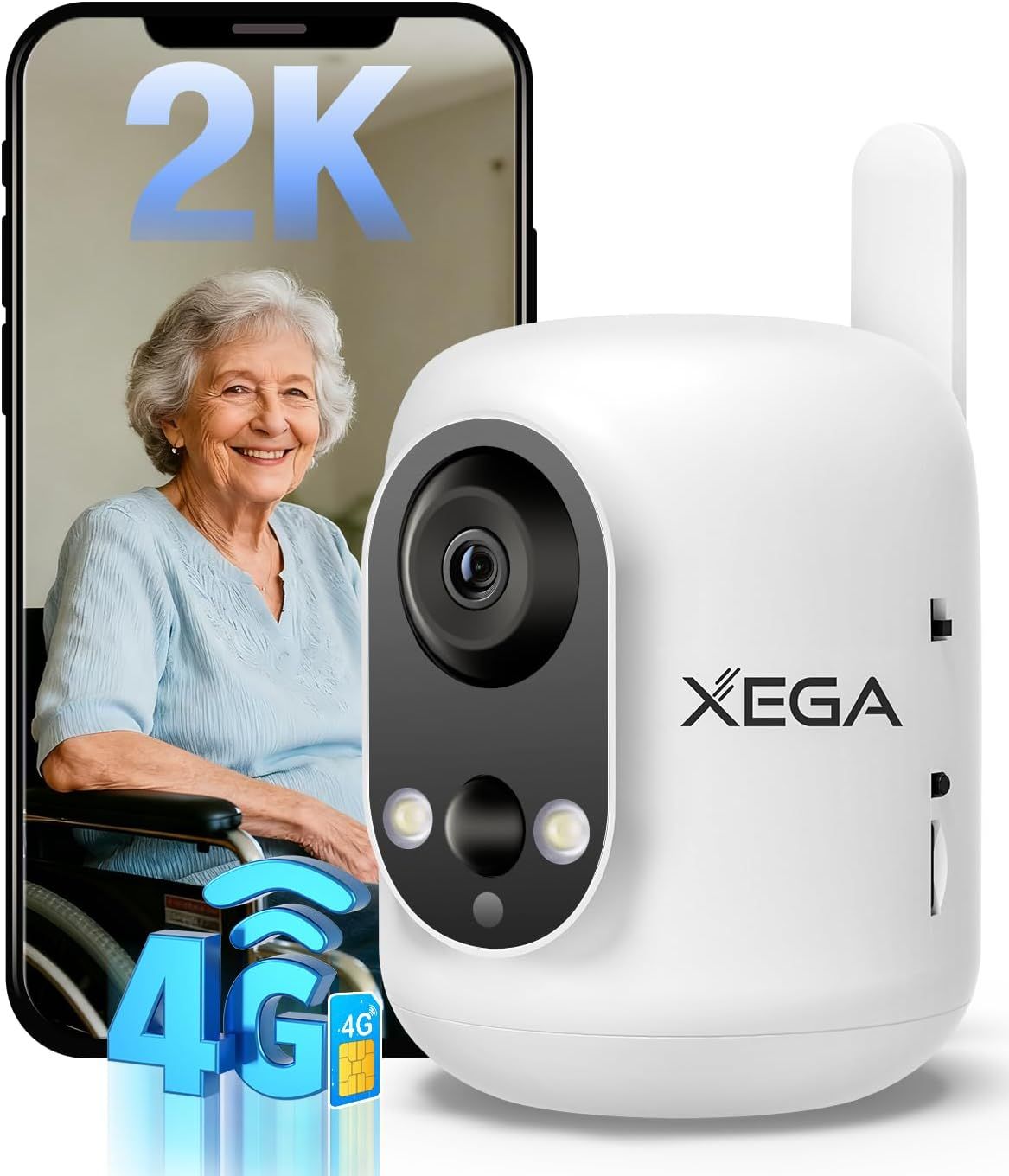 Communicates the camera's key technical features (2K video quality and 4G cellular connectivity) through graphic overlays, reassuring shoppers of modern connectivity and high-definition monitoring…