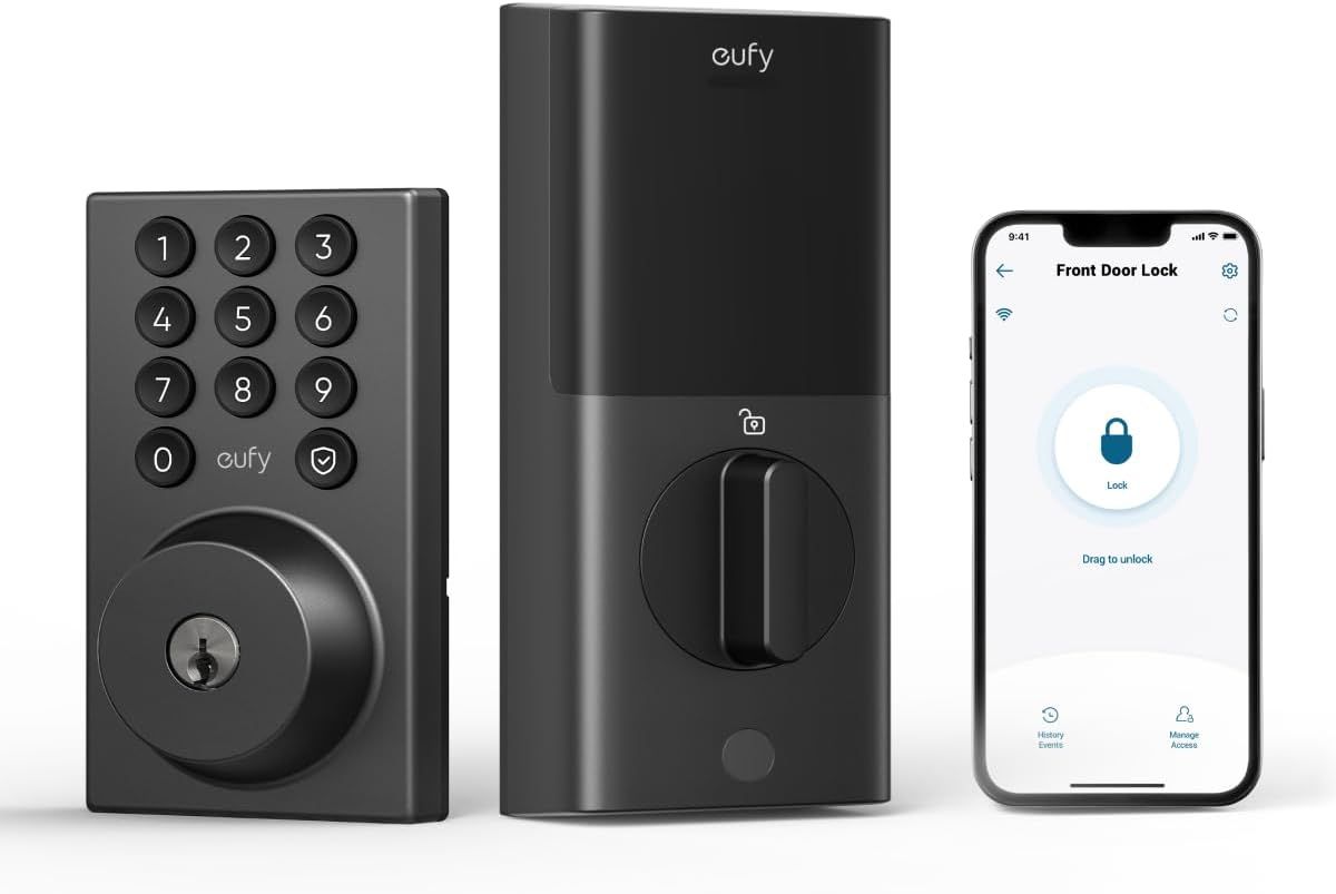 Displays the complete smart lock system including the keypad deadbolt, main lock unit, and smartphone app interface to show shoppers all components and control methods included with the product.…