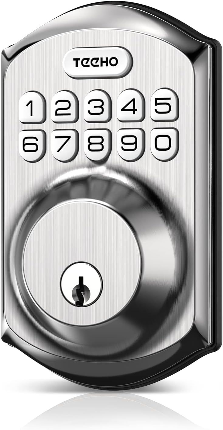Shows the core smart lock product with its keypad interface and physical keyhole, communicating the dual-access security feature to shoppers looking for…