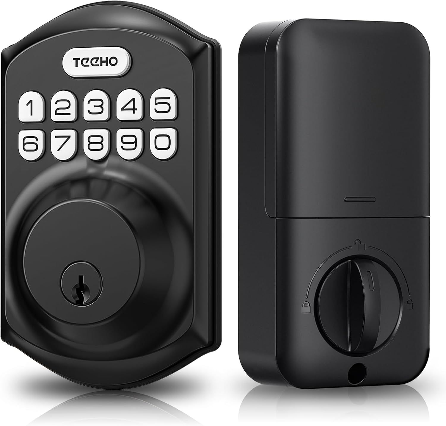 Shows the complete smart lock system with both the exterior keypad deadbolt and interior control unit, communicating the full product the shopper will receive…