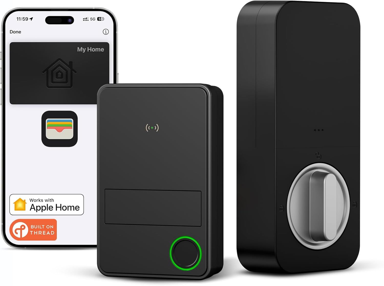 Displays the complete smart lock system including the door lock unit, control hub, and smartphone app interface to show shoppers the full ecosystem they will…