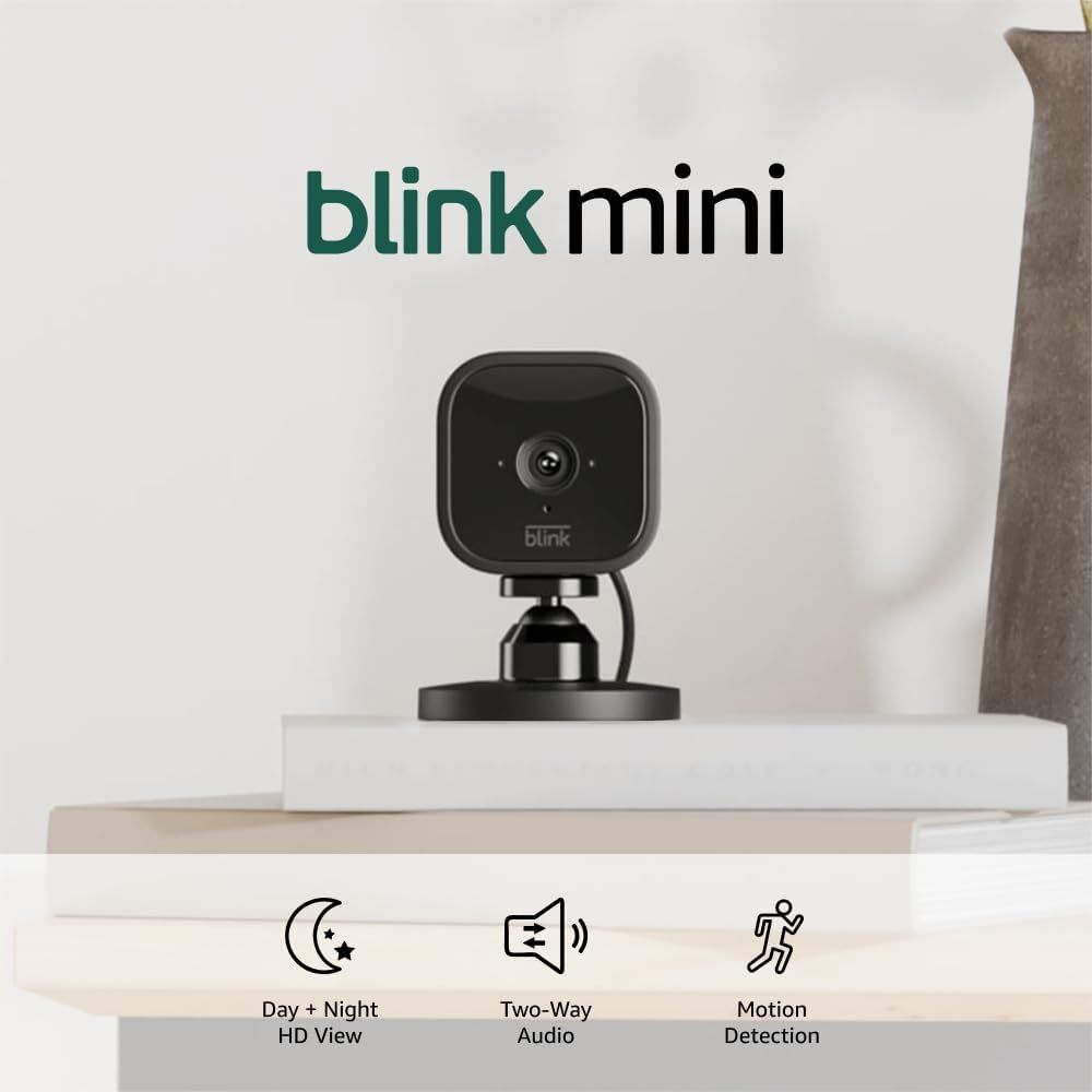 Shows the Blink Mini security camera in a lifestyle setting to help shoppers visualize its size and placement in their home. Demonstrates the camera in a real…