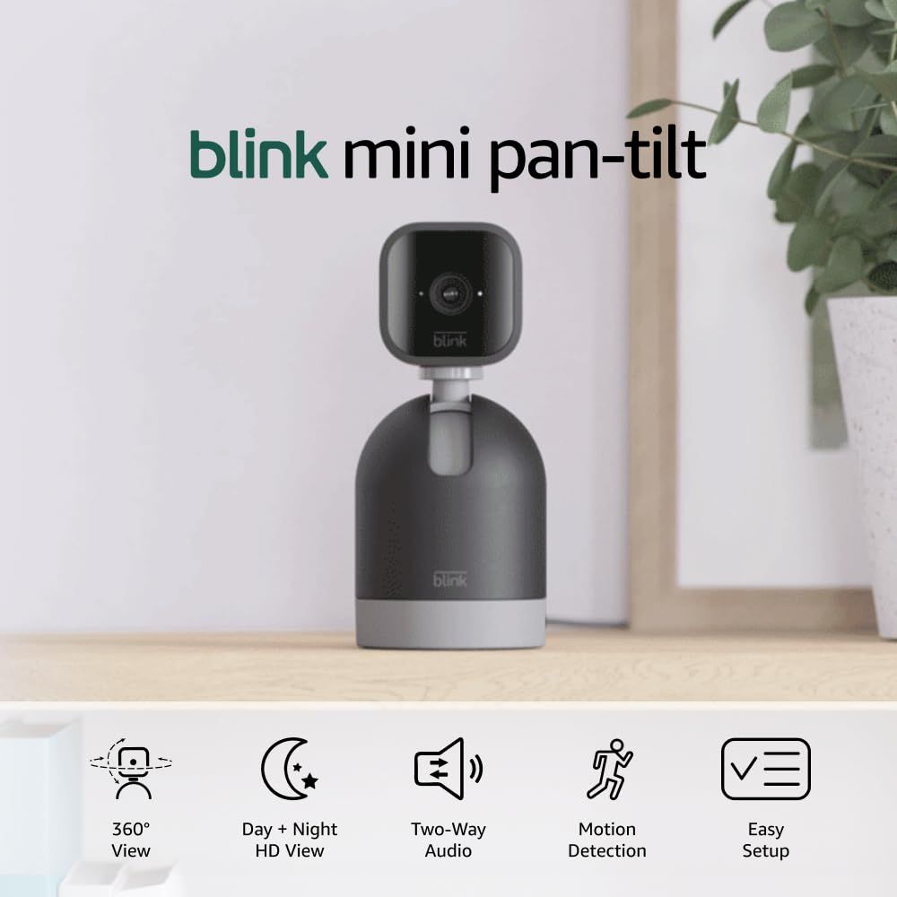 Shows the core Blink mini pan-tilt camera product with its motorized base, clearly displaying the physical design and form factor to help shoppers understand…