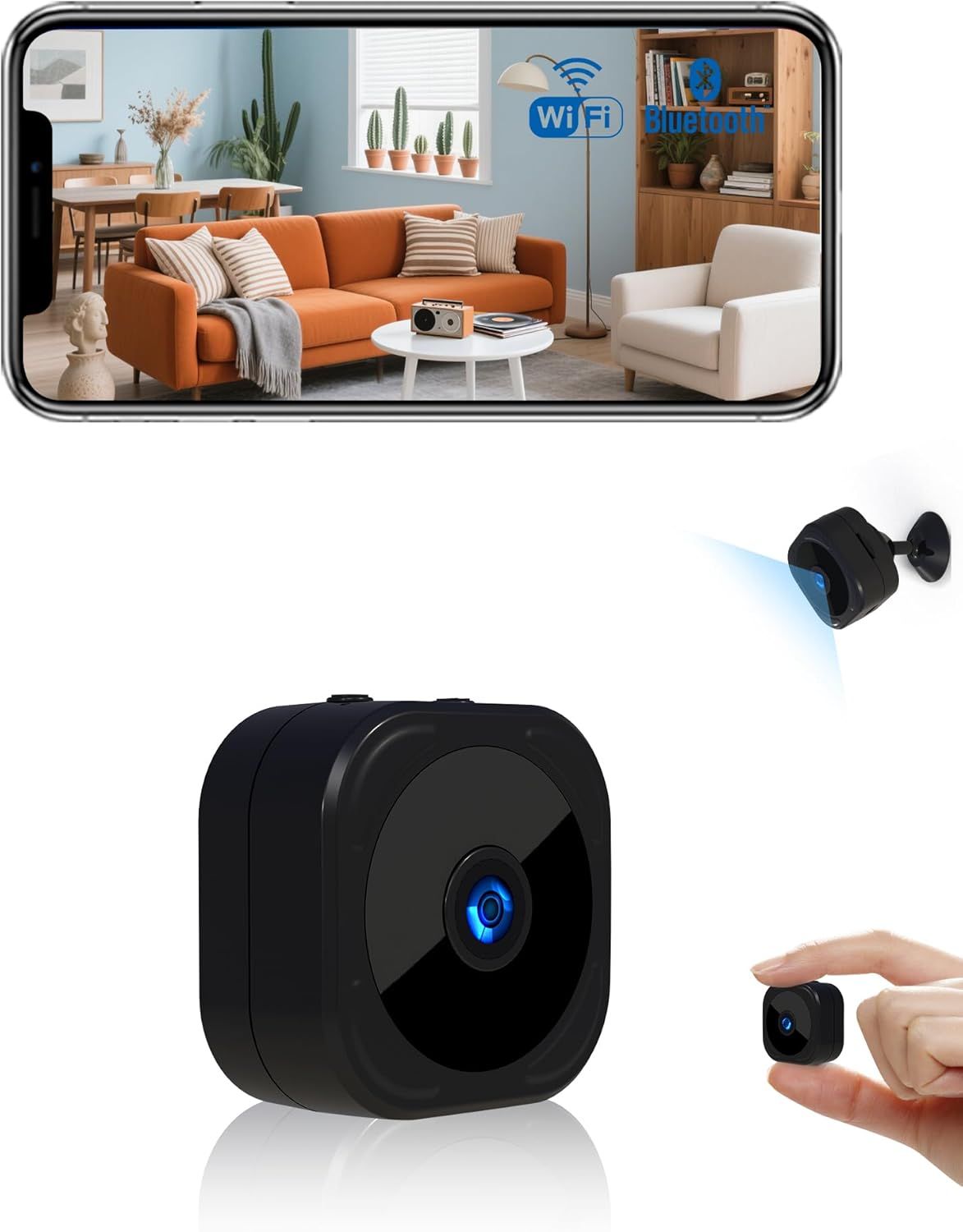 Shows the core product, a small black security camera with blue LED indicator, demonstrating its compact size and connectivity features through lifestyle…