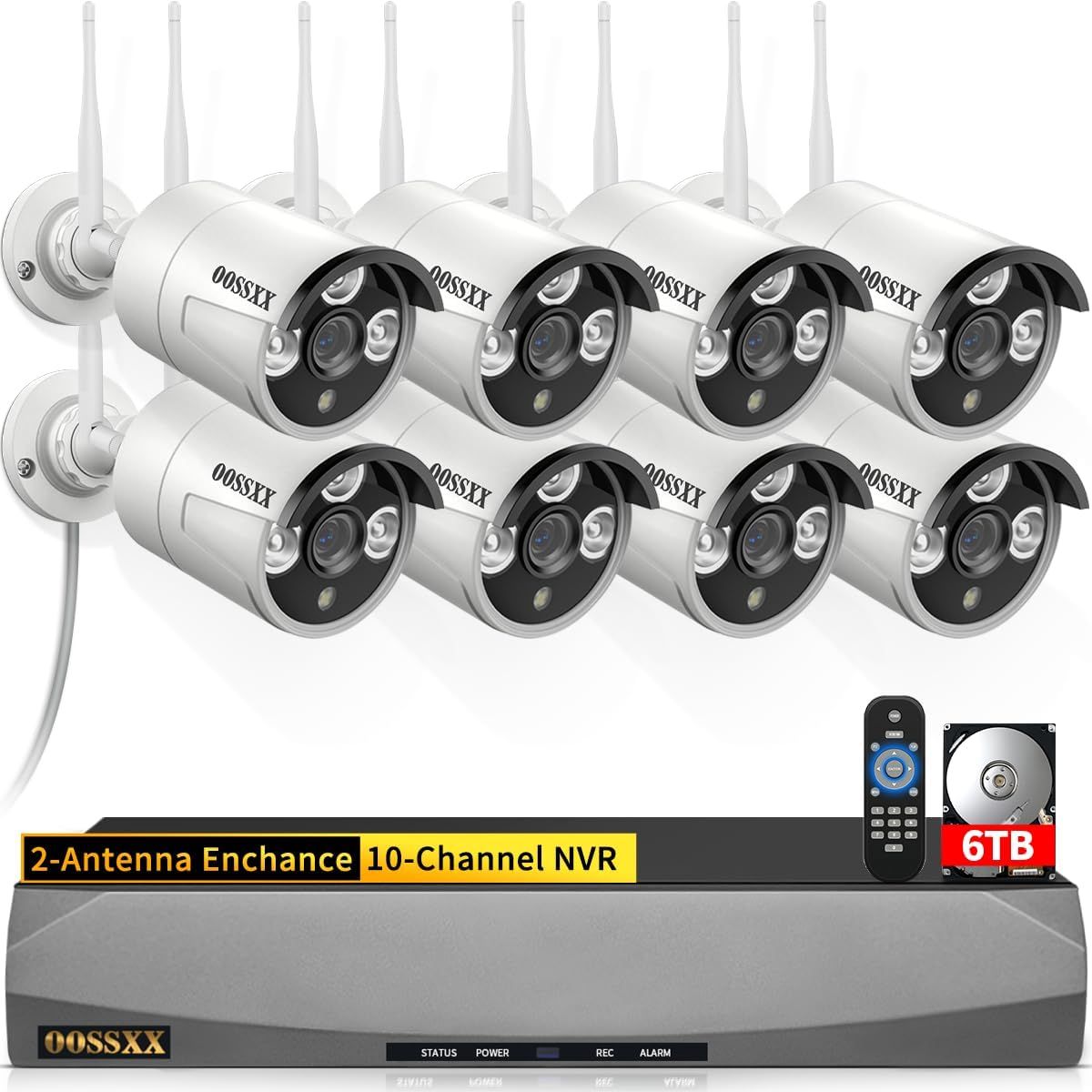 Shows the complete security camera system including eight wireless cameras, a 10-channel NVR base unit, remote control, and 6TB hard drive to communicate the full package the buyer receives.…
