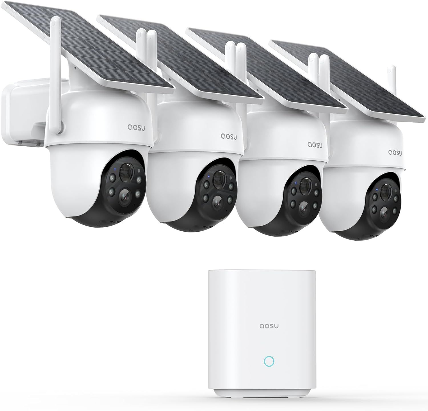 Shows the complete security camera system including four solar-powered cameras and a central hub unit, communicating the comprehensive surveillance solution and solar power capability to shoppers.…