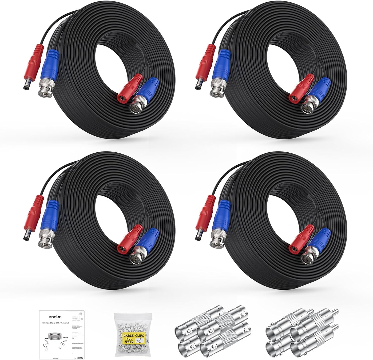 Shows the core sellable product, a 4-pack of black cables with red and blue connectors, along with included accessories like cable clips and additional…