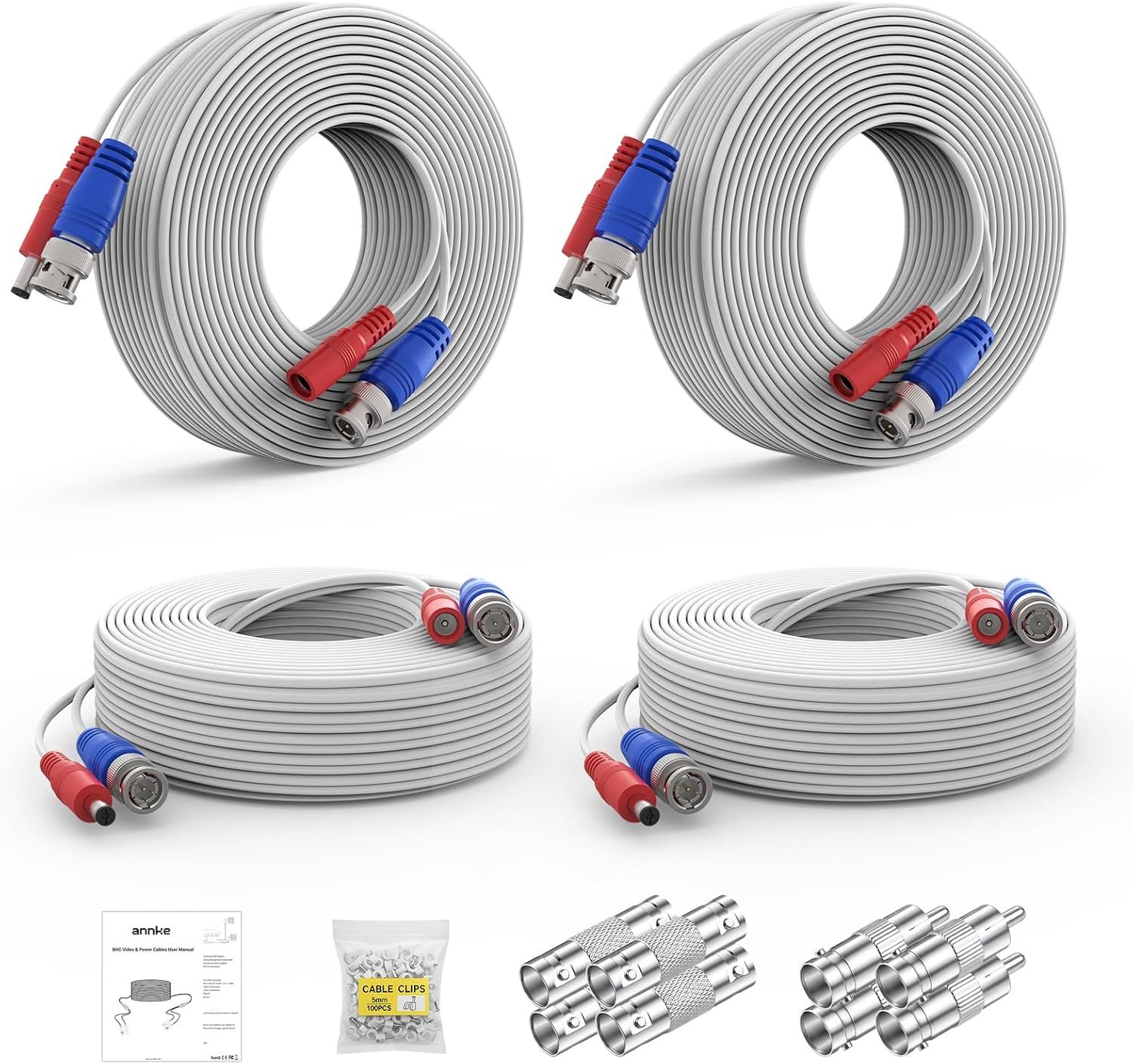 Shows the core product clearly: two white security camera cables with color-coded connectors, displayed from multiple angles to help shoppers understand the…