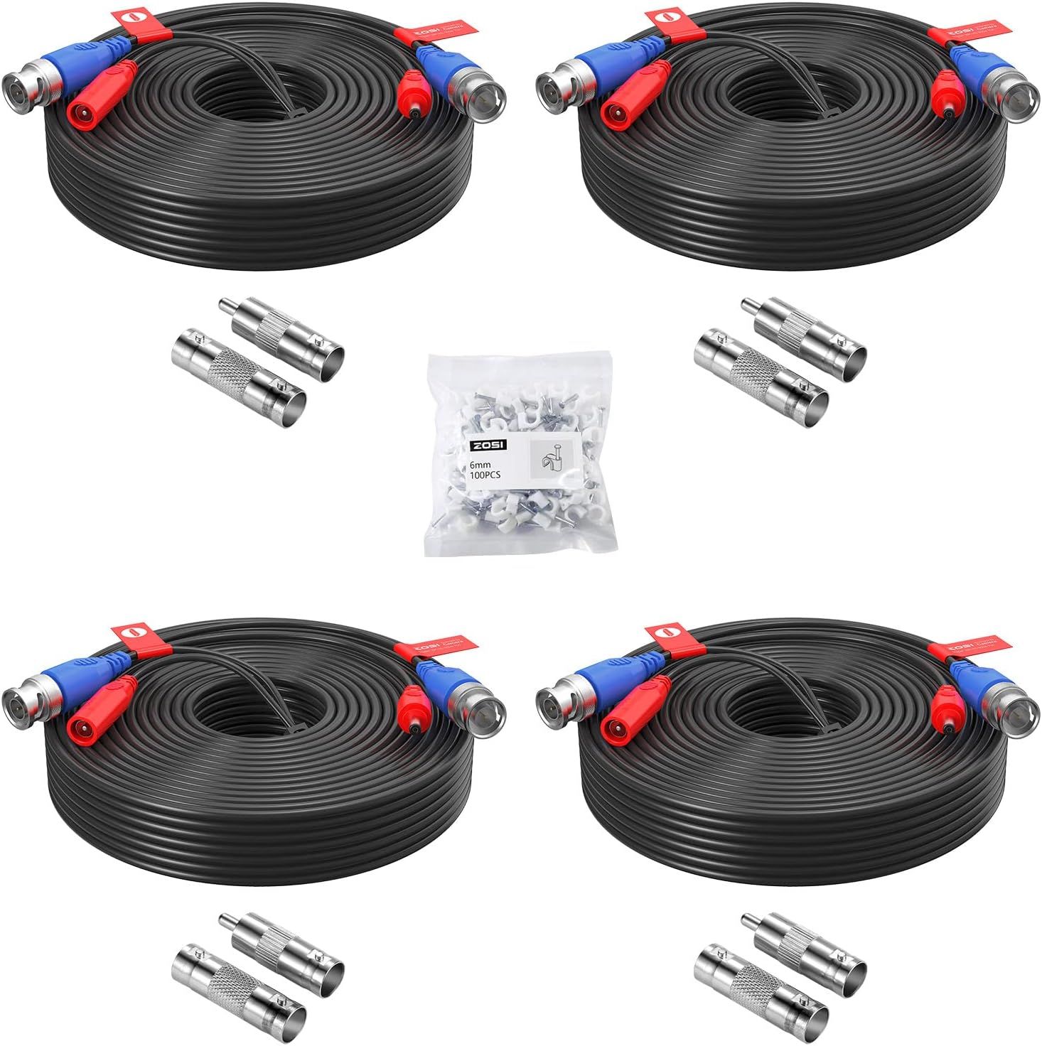 Shows the core sellable product - multiple security camera cables with color-coded connectors, clearly displaying what the buyer will receive. Demonstrates…