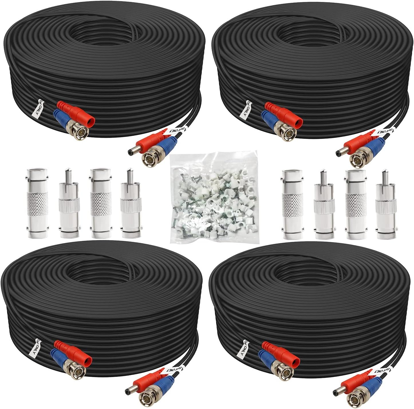 Shows the complete cable kit including four identical coiled cables with BNC and power connectors, plus additional BNC adapters and mounting clips, clearly…