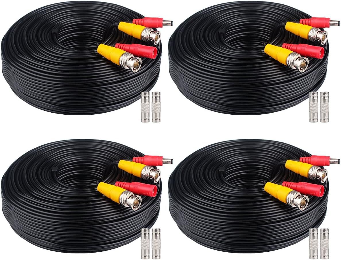 Shows the core product clearly - a 4-pack of black security camera cables with color-coded BNC connectors and included adapters, allowing shoppers to see…