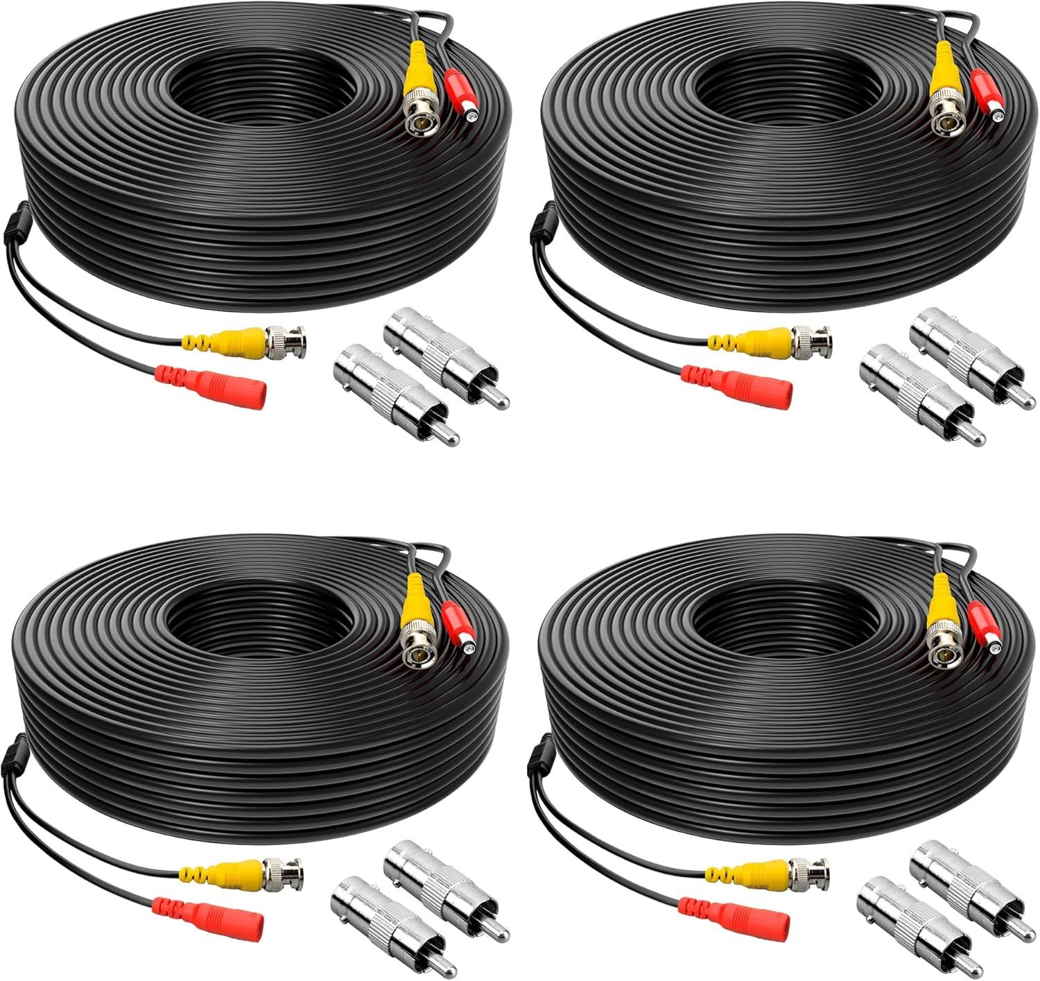 Shows the core product clearly - a 4-pack of black coiled security camera cables with BNC and power connectors, plus adapter accessories, allowing shoppers to…