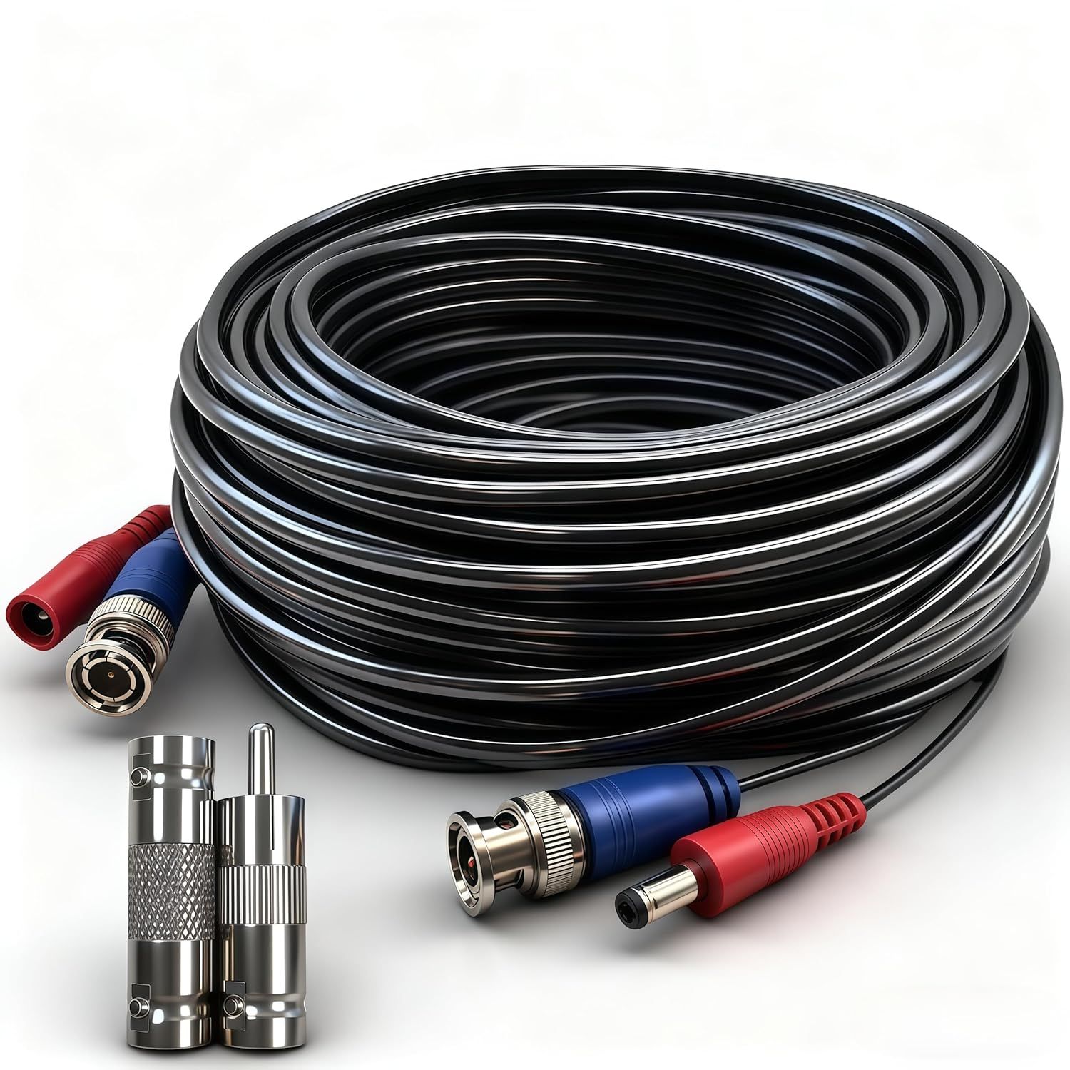 Shows the core product—a coiled black cable with BNC and power connectors—along with included adapter accessories, giving shoppers a clear view of what they…