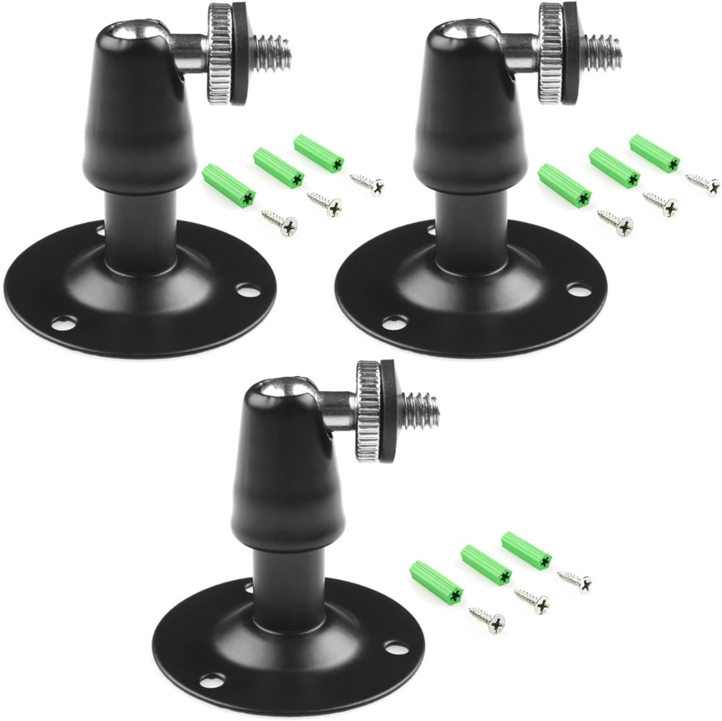 Shows the core product—an adjustable camera or speaker mount with ball joint—sold as a 3-pack, clearly displaying the mounting hardware and included accessories. Highlights the included installation…