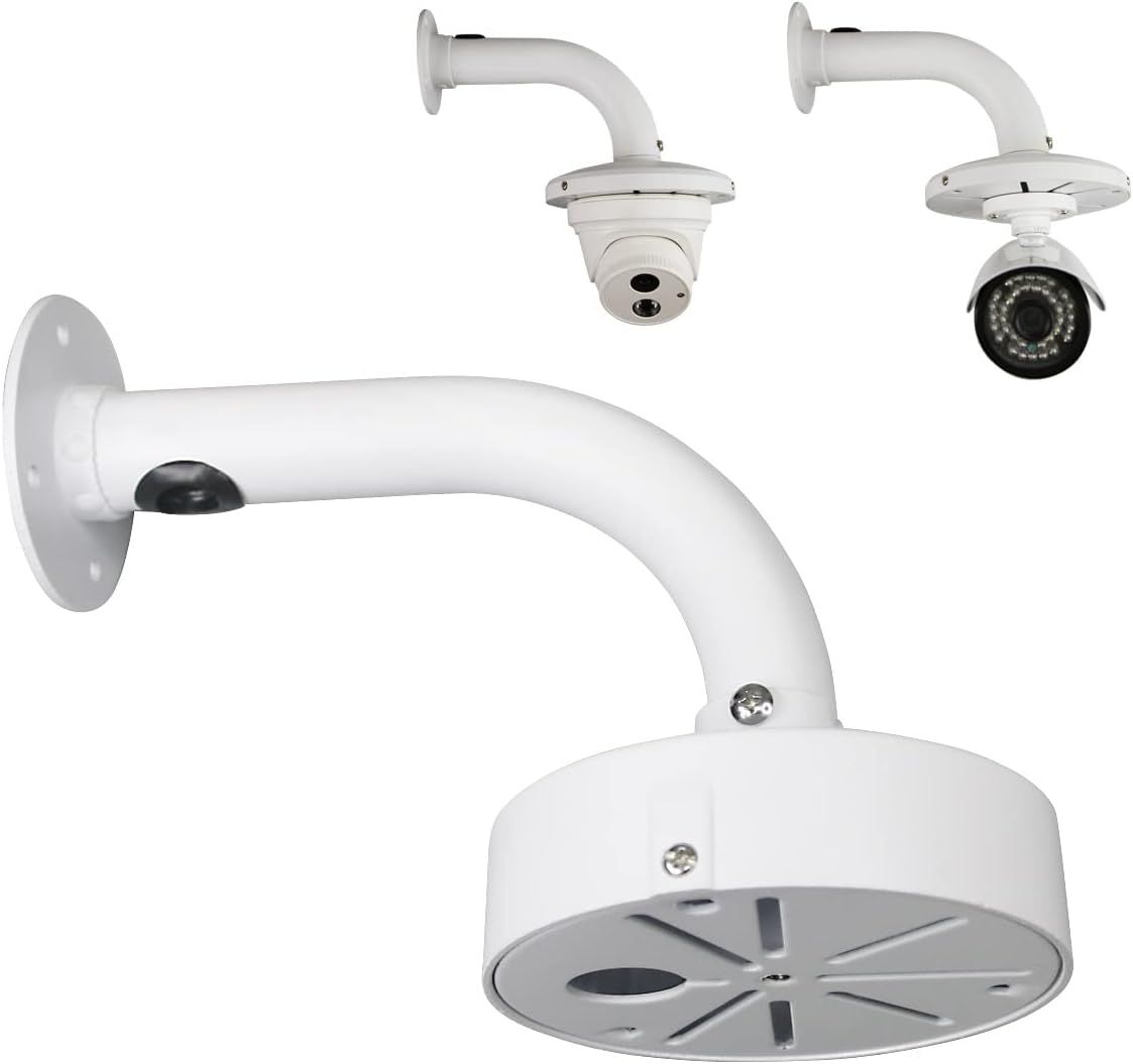 Shows the core product, a wall-mount bracket for security cameras, along with compatible camera examples to demonstrate its use and compatibility with different camera types. Displays the mounting…