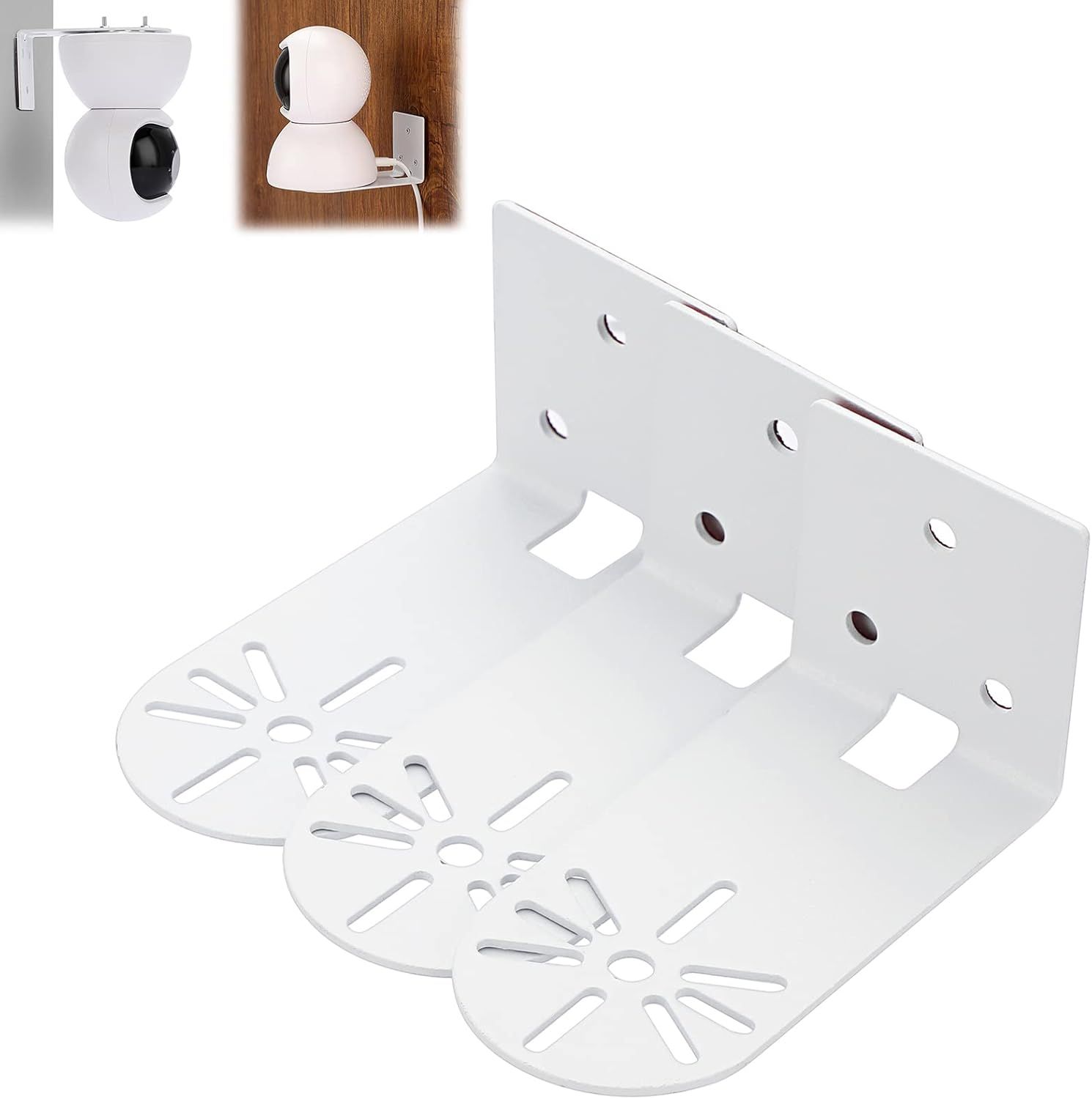 Shows the core product, a white metal wall mount bracket with multiple mounting holes and decorative cutouts, designed to hold security cameras or similar devices. The inset images demonstrate its…