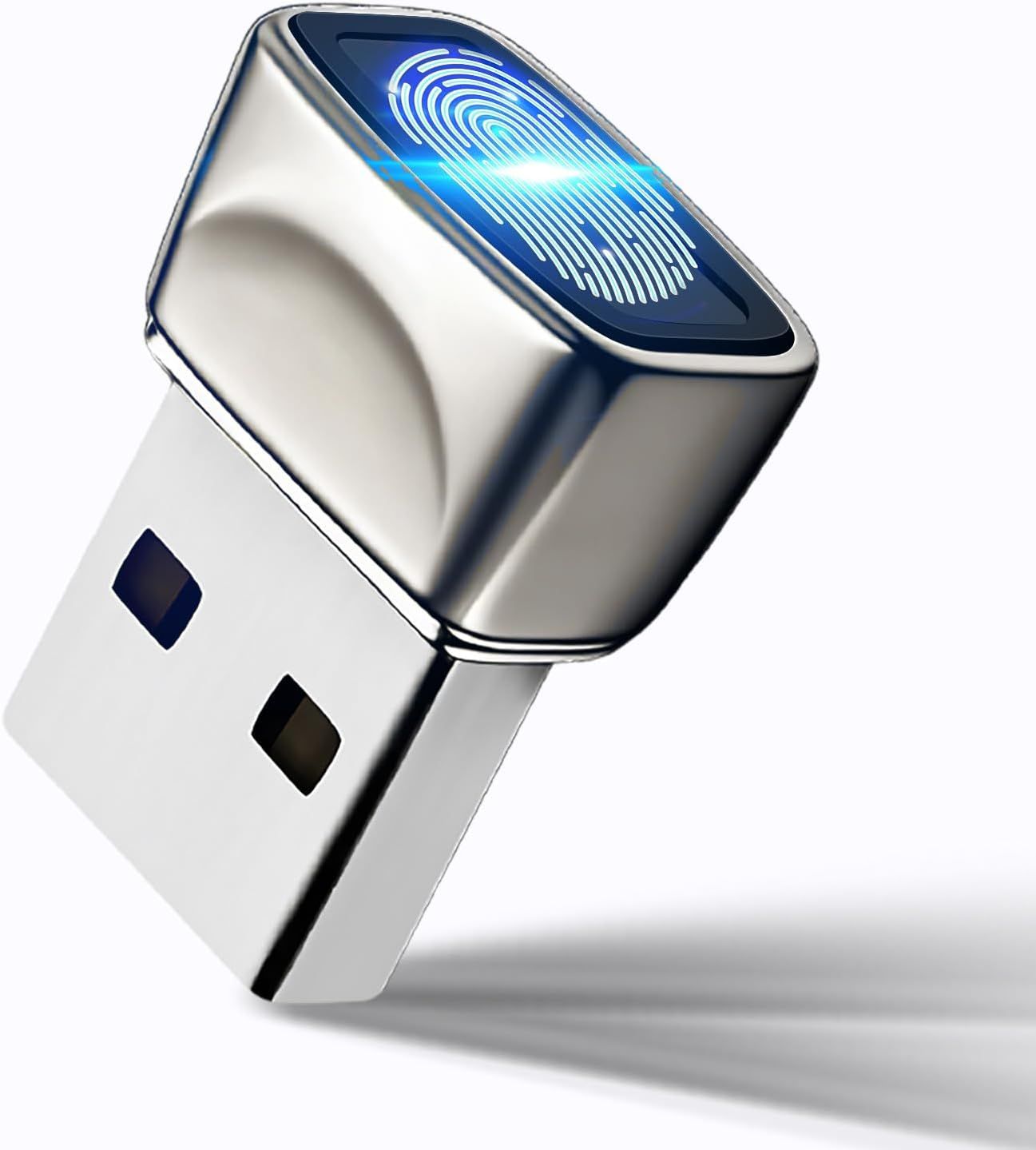 Displays the core product, a USB drive with fingerprint security technology, showcasing its modern design and biometric authentication feature to communicate security and convenience. Uses a subtle…