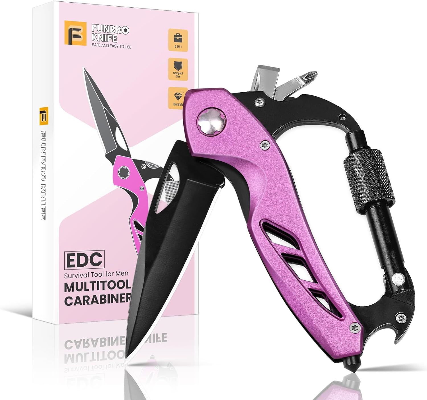 Displays the core product—a multitool carabiner with knife, screwdriver, and other tools—to show shoppers exactly what they are purchasing and its compact,…