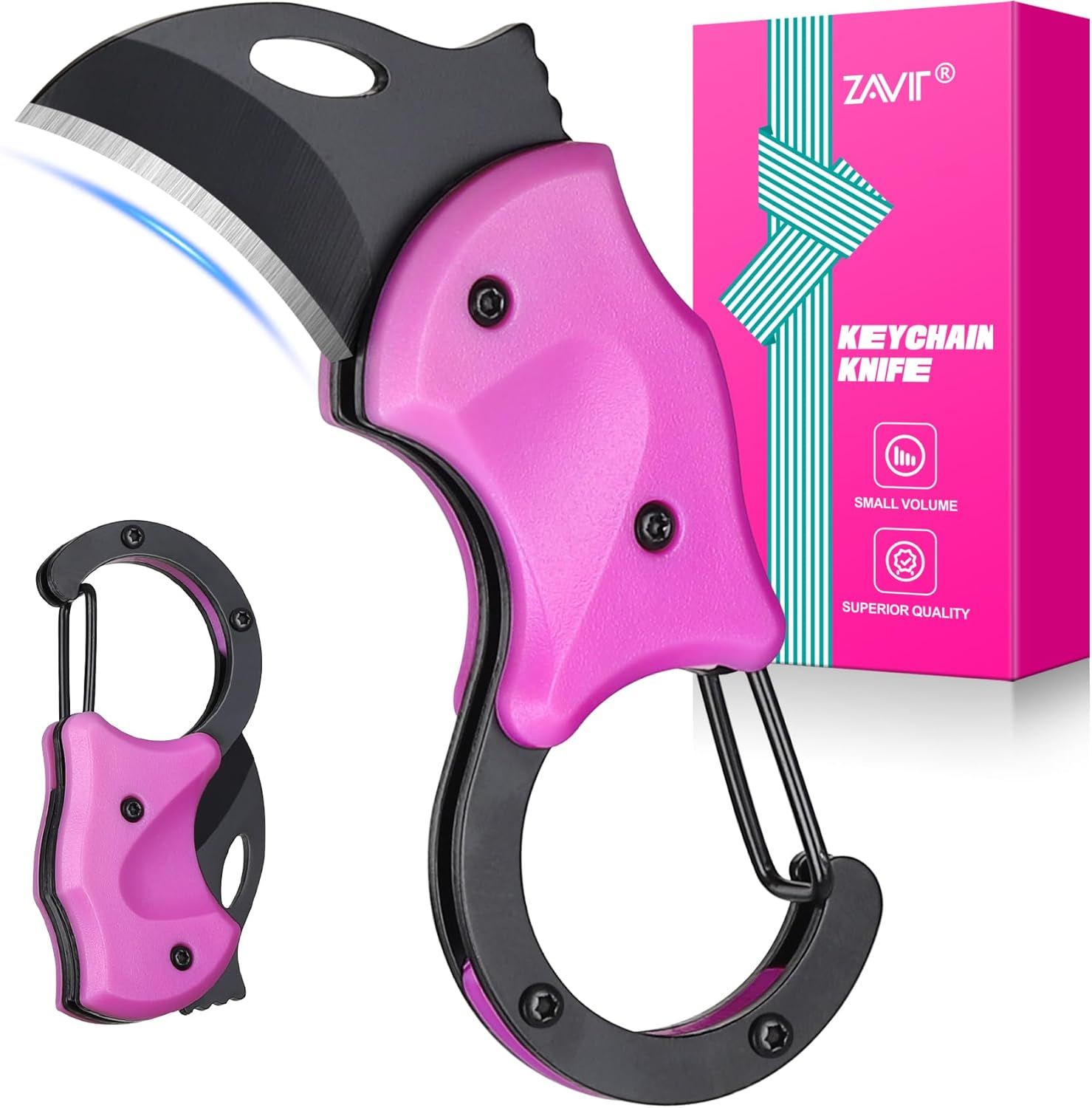 Shows the core product - a pink and black keychain knife with carabiner attachment - clearly displayed to communicate its design, color, and form factor to…