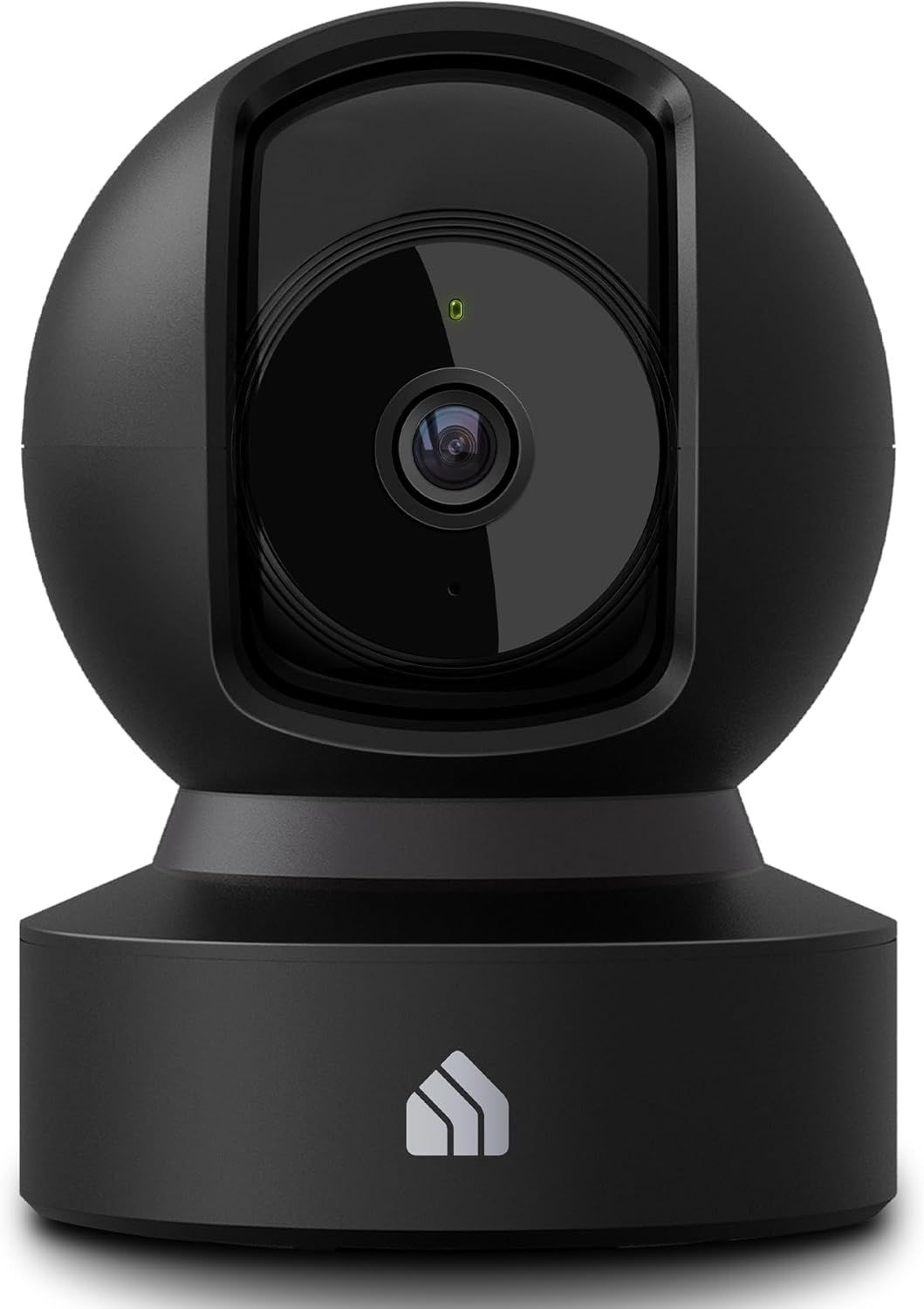 Displays the core product, a black pan-tilt security camera with a prominent lens and brand logo, in a clean catalog-style presentation to show shoppers exactly what they will receive.