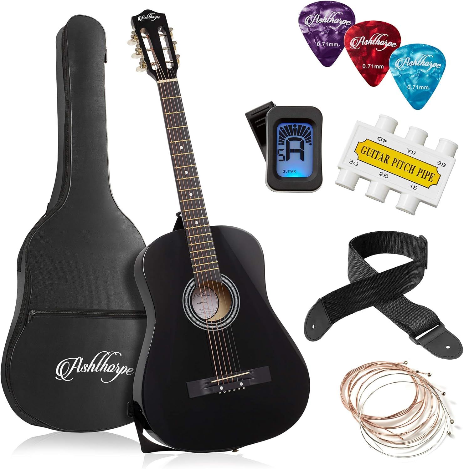 Displays the core product (black acoustic guitar) along with all included accessories to show the buyer exactly what they will receive in this complete beginner package. Communicates the value and…