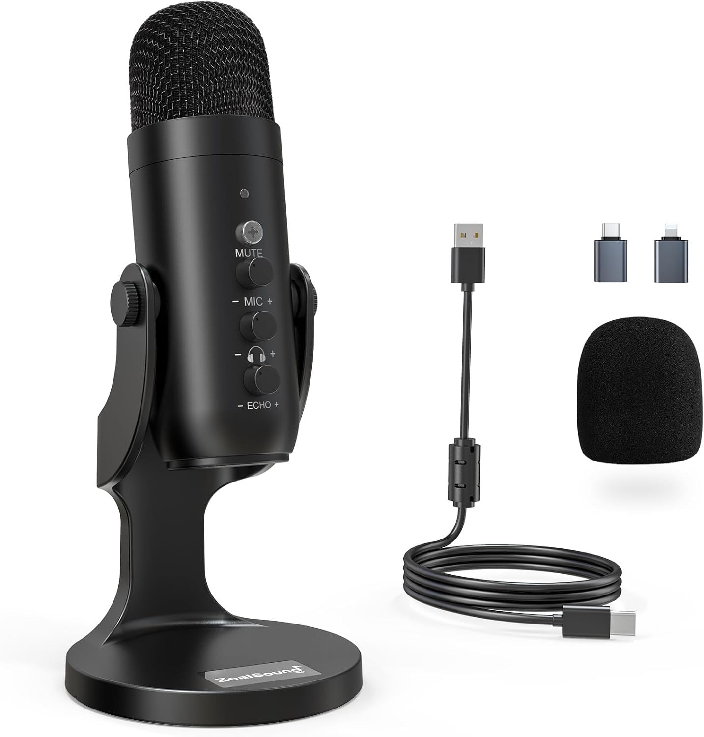 Displays the core product, a USB microphone with built-in controls (mute, mic, headphone, echo), clearly showing its design and features to help shoppers understand what they are purchasing. Shows…