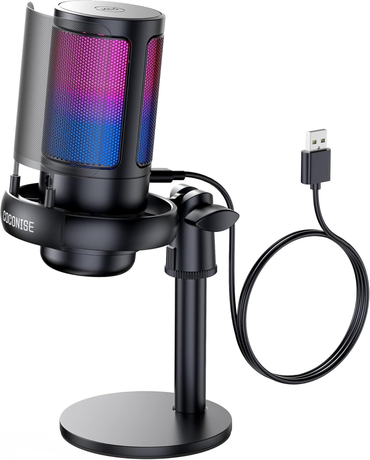 Displays the core product—a desktop microphone with RGB lighting and included USB cable—to show shoppers exactly what they will receive and its key visual features. Shows the included accessories…