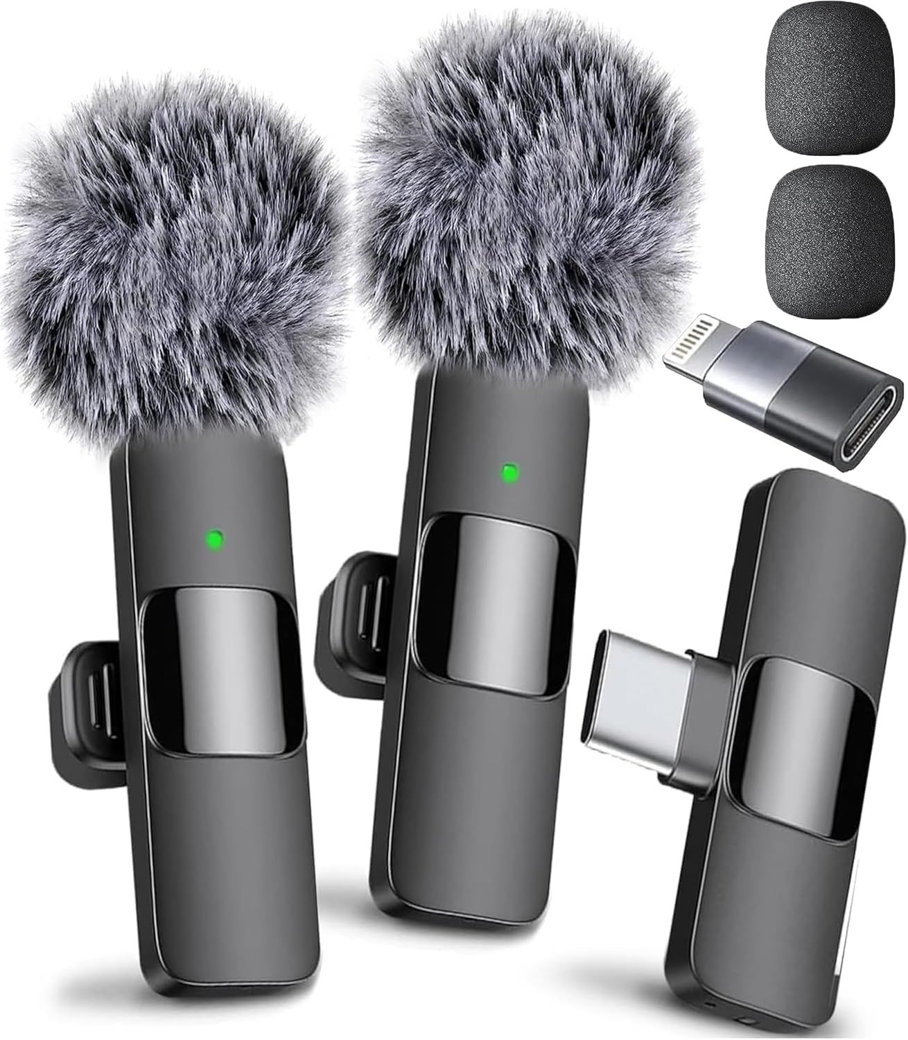 Displays the core product - wireless microphones with furry windscreens - showing the main units with different connector options to communicate what the buyer receives. Shows the included…