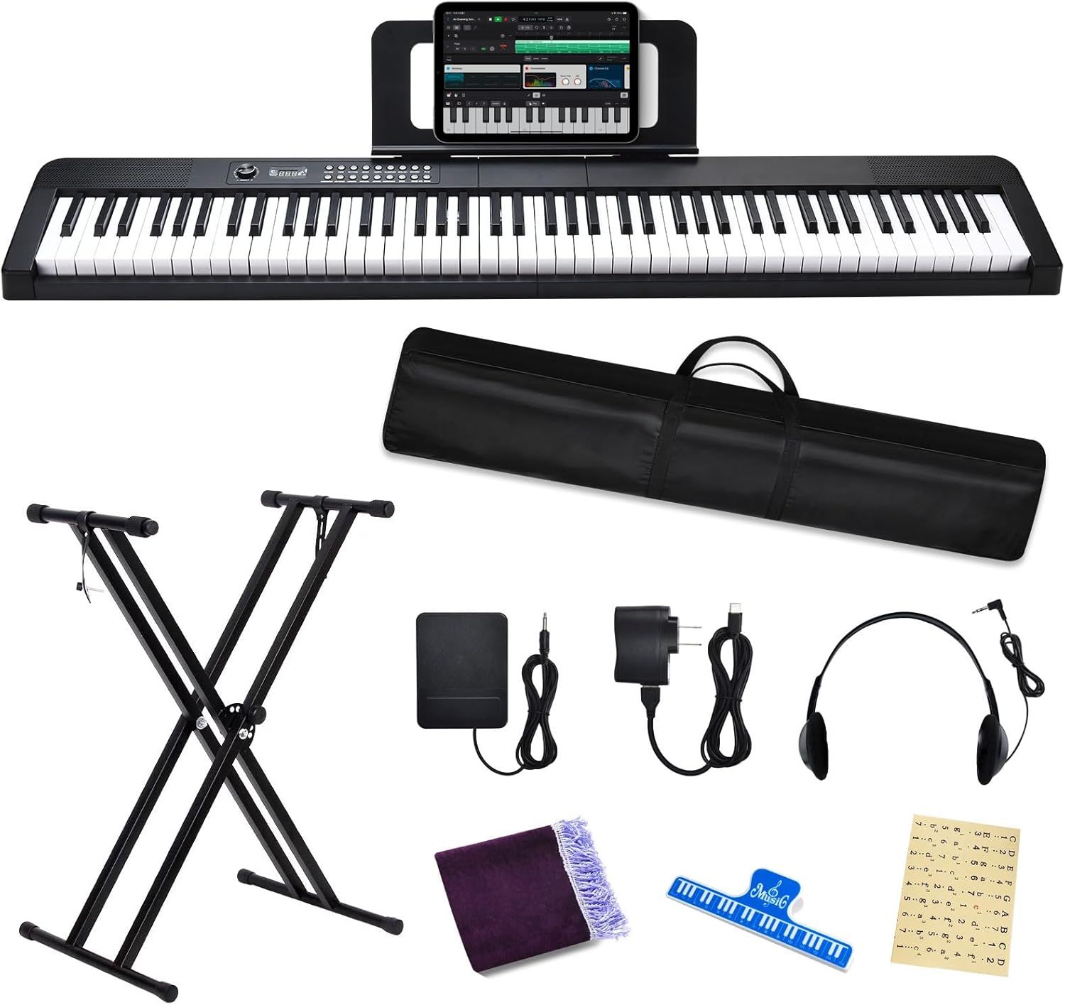 Displays the core product, an 88-key digital piano with integrated tablet/phone holder, showing its full-size keyboard and digital interface capabilities to help shoppers understand the main item…