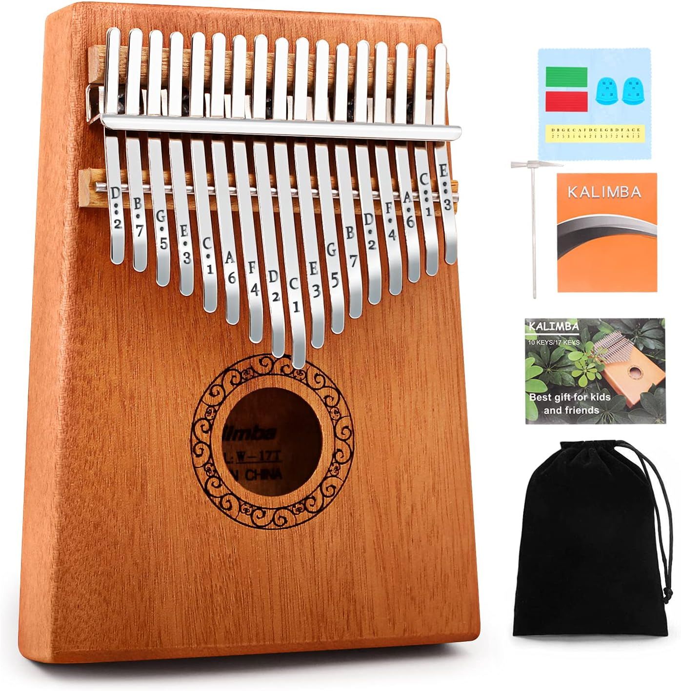 Shows the core product, a wooden kalimba thumb piano with clearly labeled keys, to help shoppers understand what they are purchasing and how the instrument is organized. Demonstrates that the…