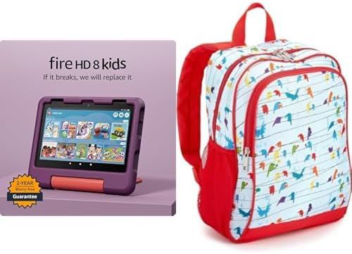 Shows two distinct products side by side to communicate what items are being sold, allowing shoppers to quickly identify the tablet and backpack as the core offerings. Displays the Fire HD 8 Kids…