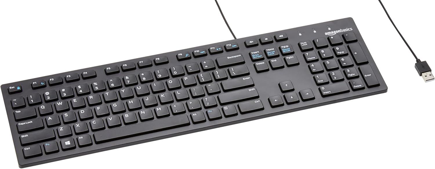Displays the complete keyboard product clearly on a white background, showing the full layout including function keys, number pad, and AmazonBasics branding to help shoppers understand exactly what…